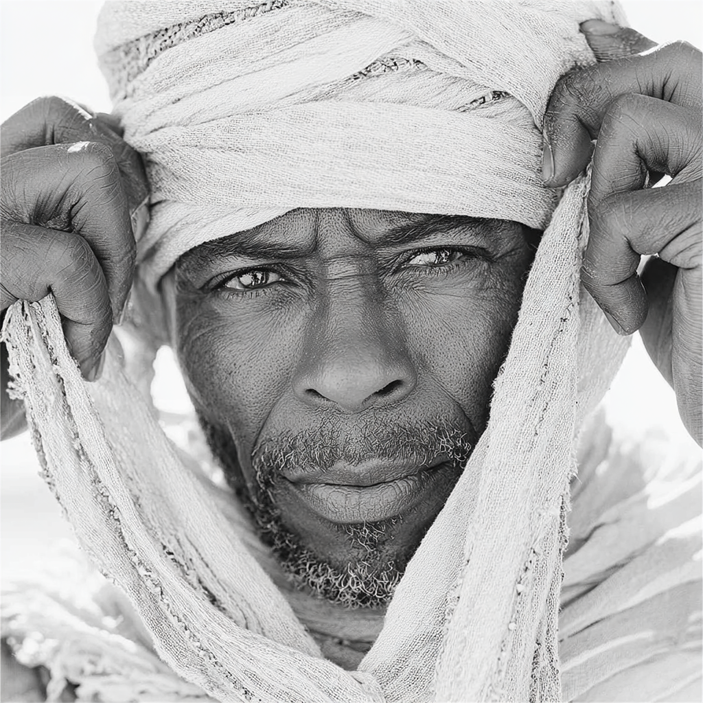 Schwarz Weisser Porträt Von Einem Mann Mit Kopftuch Anhubend | Frauen und Maenner | Menschen und Emotionen