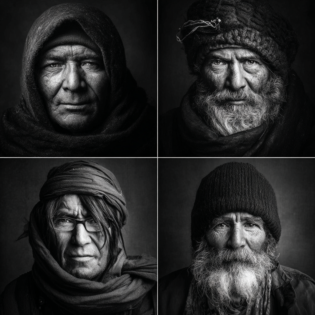 Schwarzweiss Collage Porträts Von Individün Mit Kopfbedeckungen | Frauen und Maenner | Menschen und Emotionen