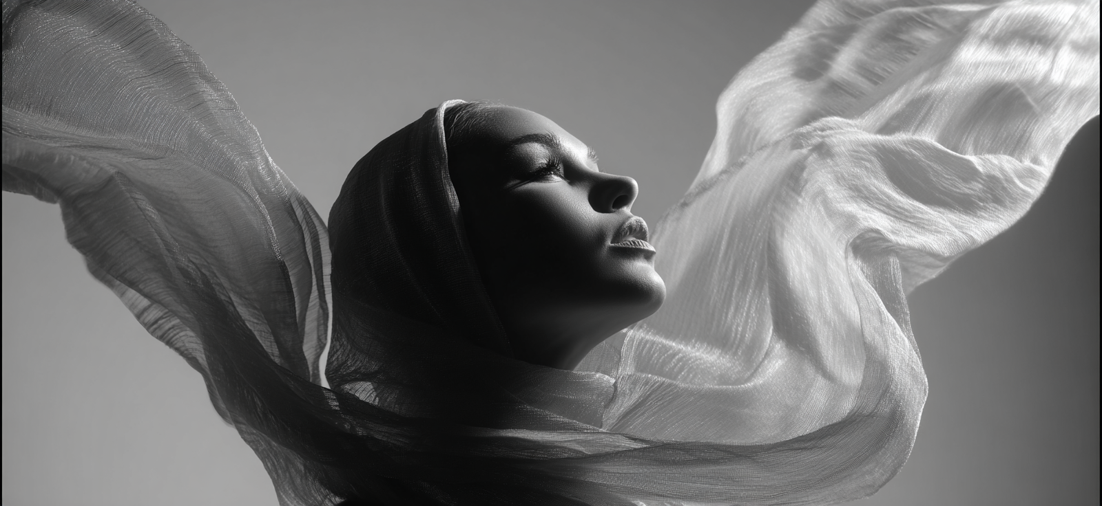 Schwarz Weiss Portrait Profilansicht Fliessender Stoff Kunstvolles Bild | Frauen und Maenner | Menschen und Emotionen