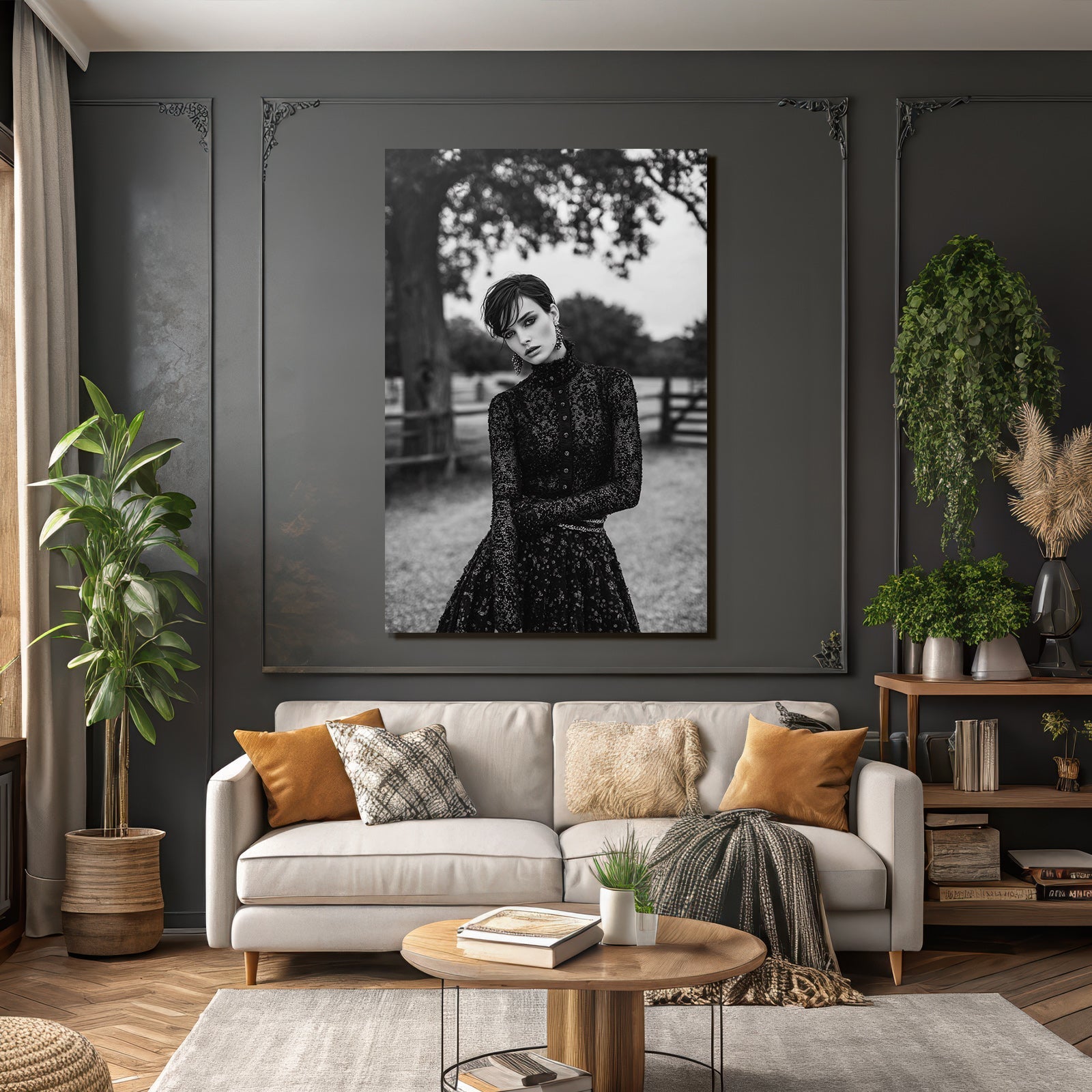 Schwarz Weiss Fashion Fotografie Modell Mit Elegantem Outfit Im Freien