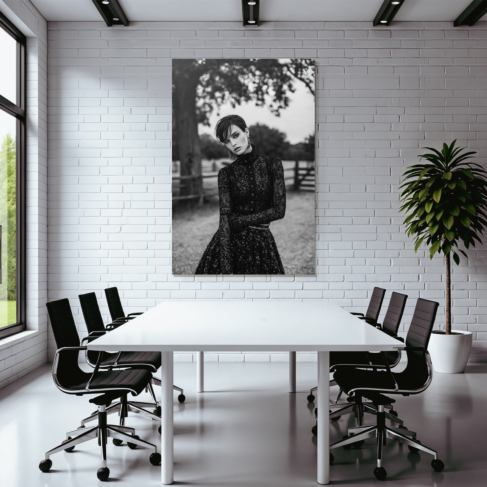 Schwarz Weiss Fashion Fotografie Modell Mit Elegantem Outfit Im Freien