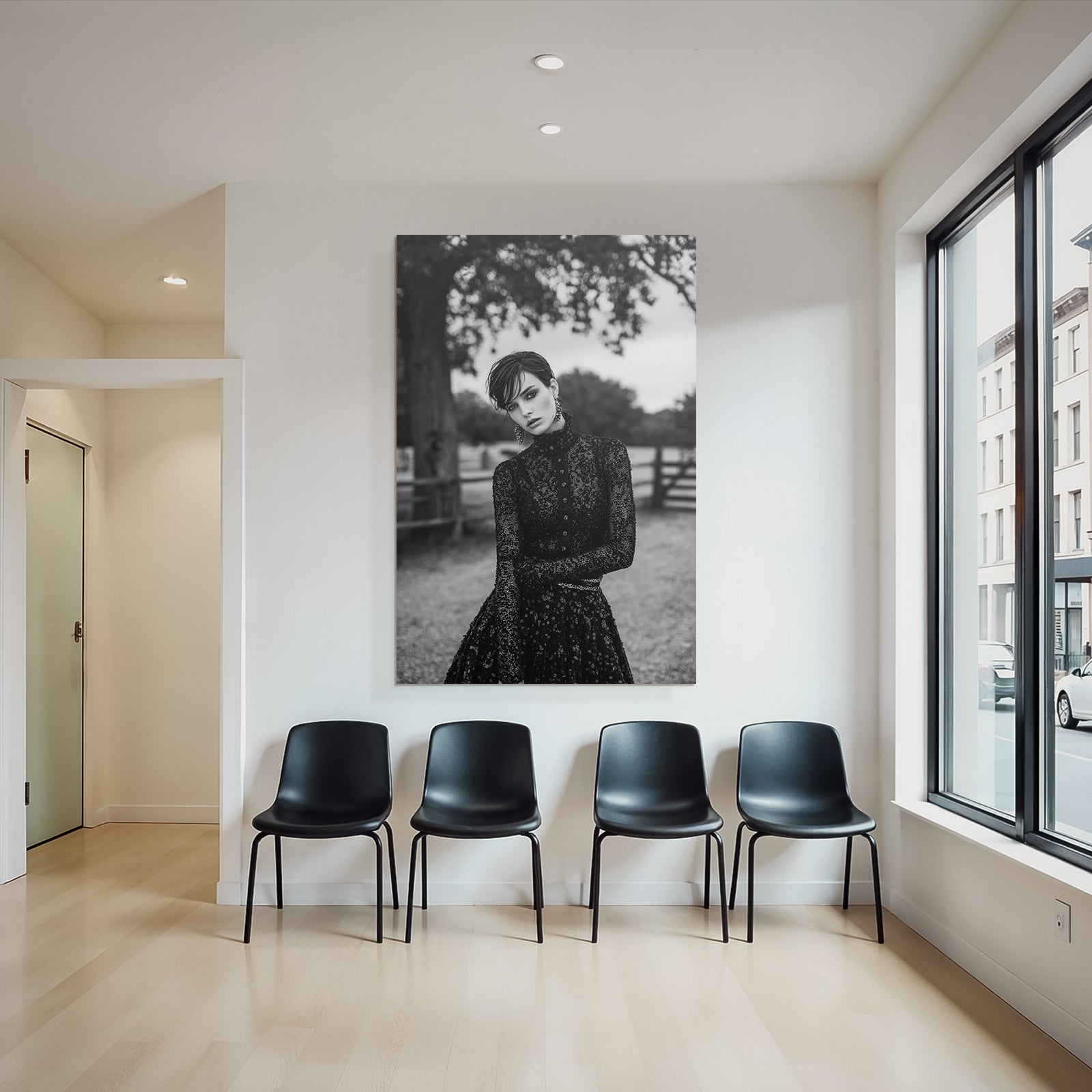 Schwarz Weiss Fashion Fotografie Modell Mit Elegantem Outfit Im Freien