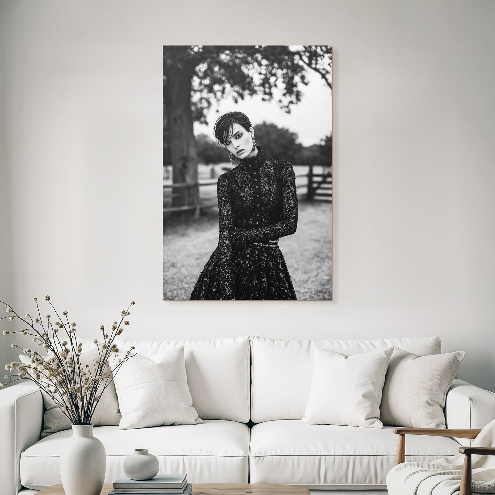 Schwarz Weiss Fashion Fotografie Modell Mit Elegantem Outfit Im Freien