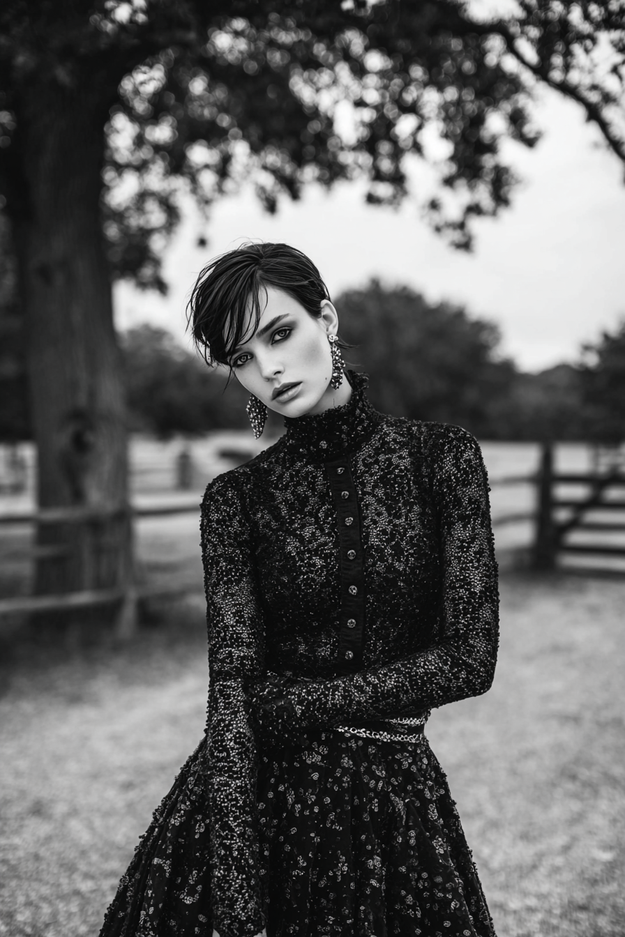 Schwarz Weiss Fashion Fotografie Modell Mit Elegantem Outfit Im Freien | Mode und Stil | Menschen und Emotionen