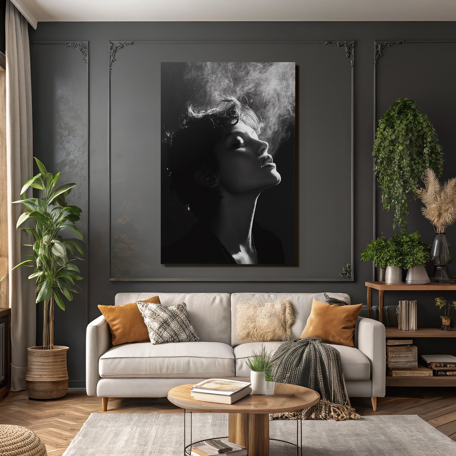 Schwarz Weiss Kunstporträt Profilansicht Mit Nebel