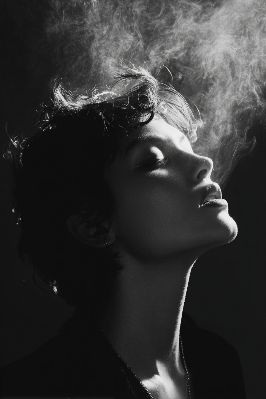 Schwarz Weiss Kunstporträt Profilansicht Mit Nebel | Mode und Stil | Menschen und Emotionen