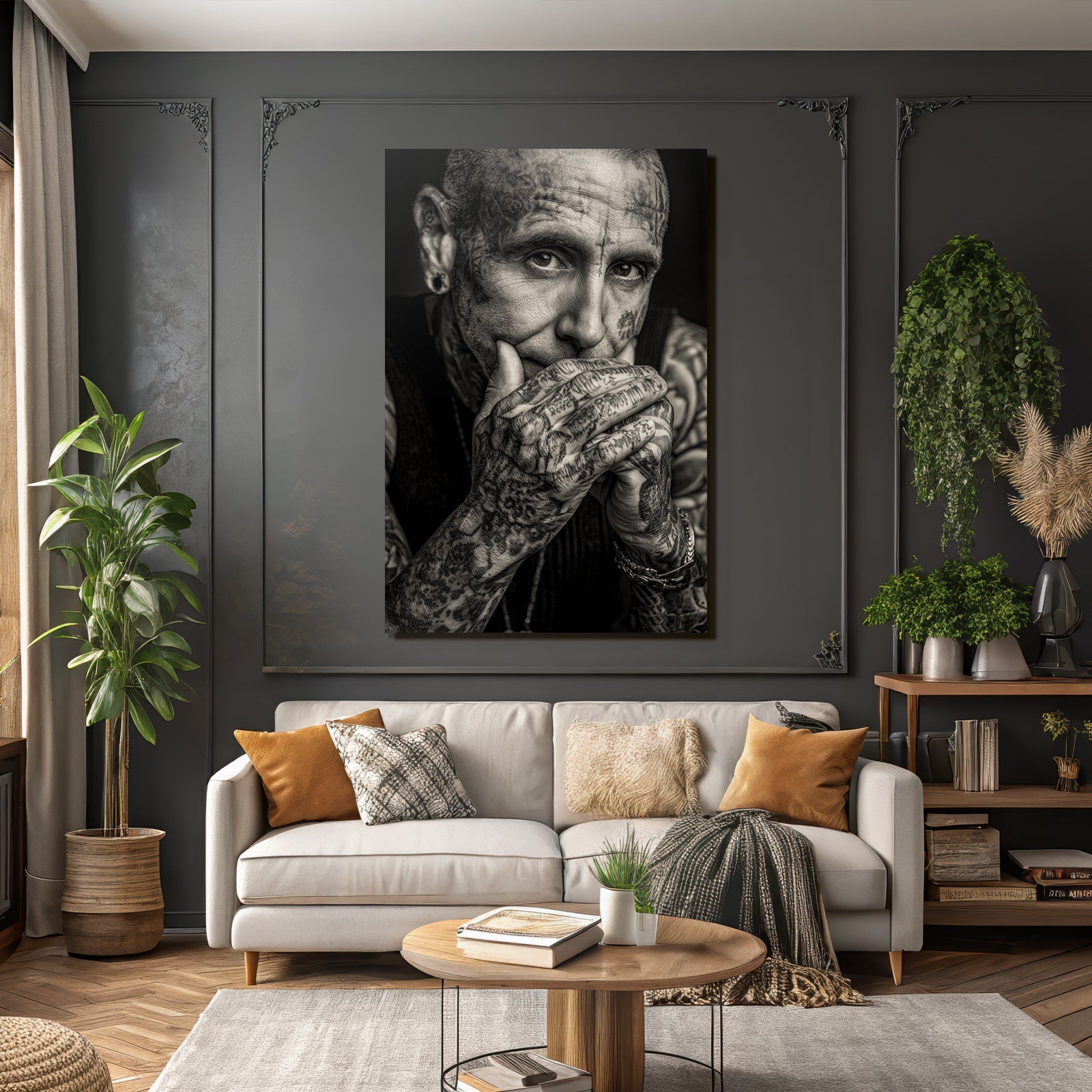 Schwarz Weiss Portrait Mit Tattoos Nachdenklicher Ausdruck