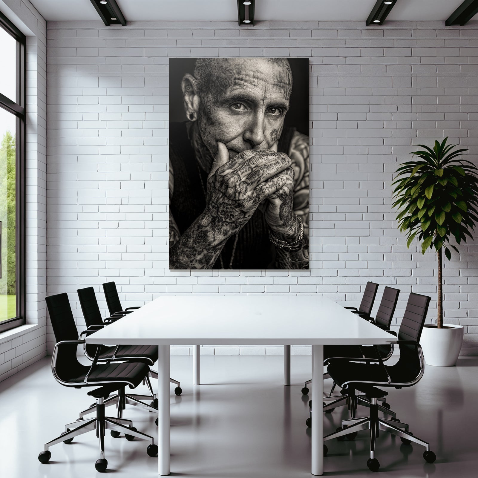 Schwarz Weiss Portrait Mit Tattoos Nachdenklicher Ausdruck