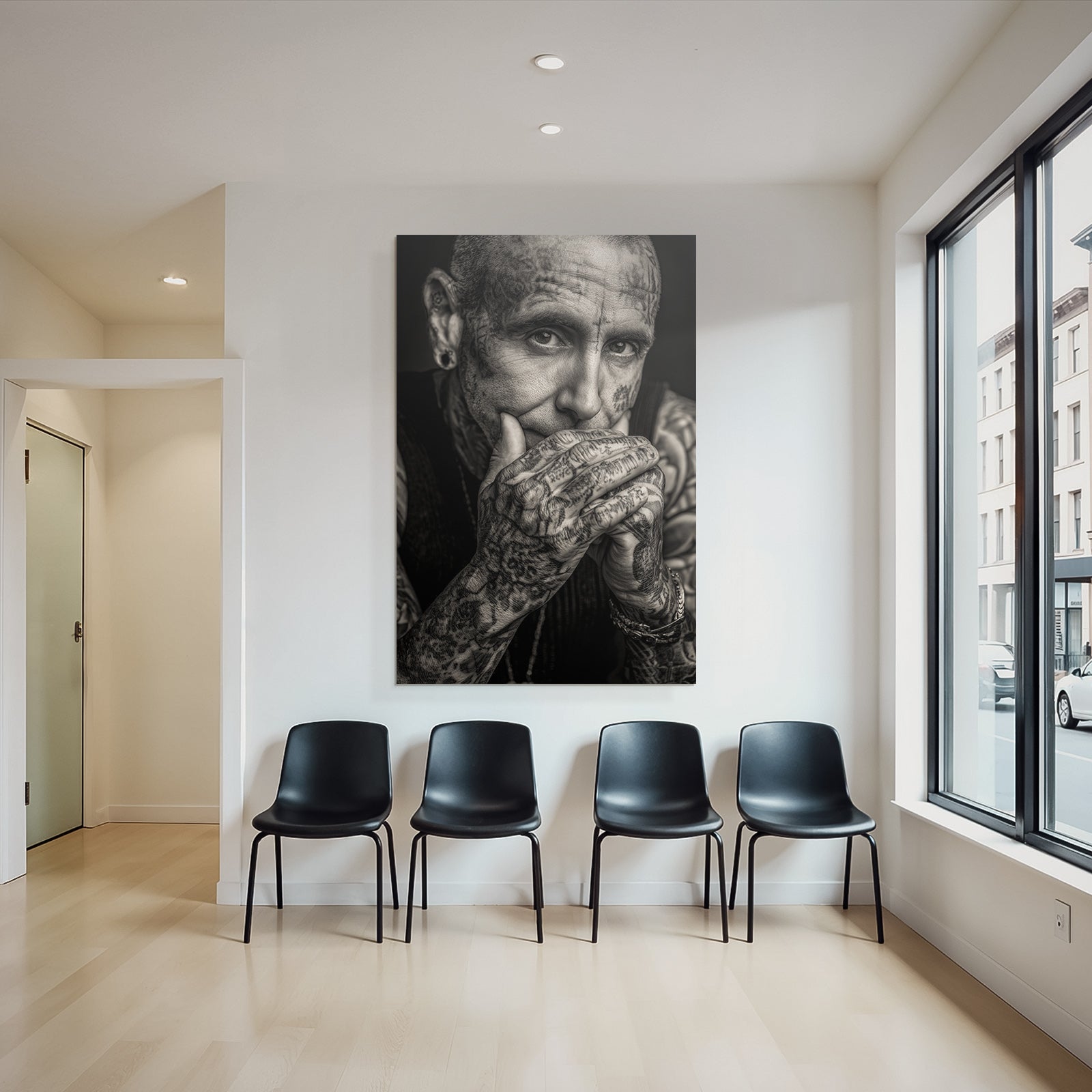 Schwarz Weiss Portrait Mit Tattoos Nachdenklicher Ausdruck