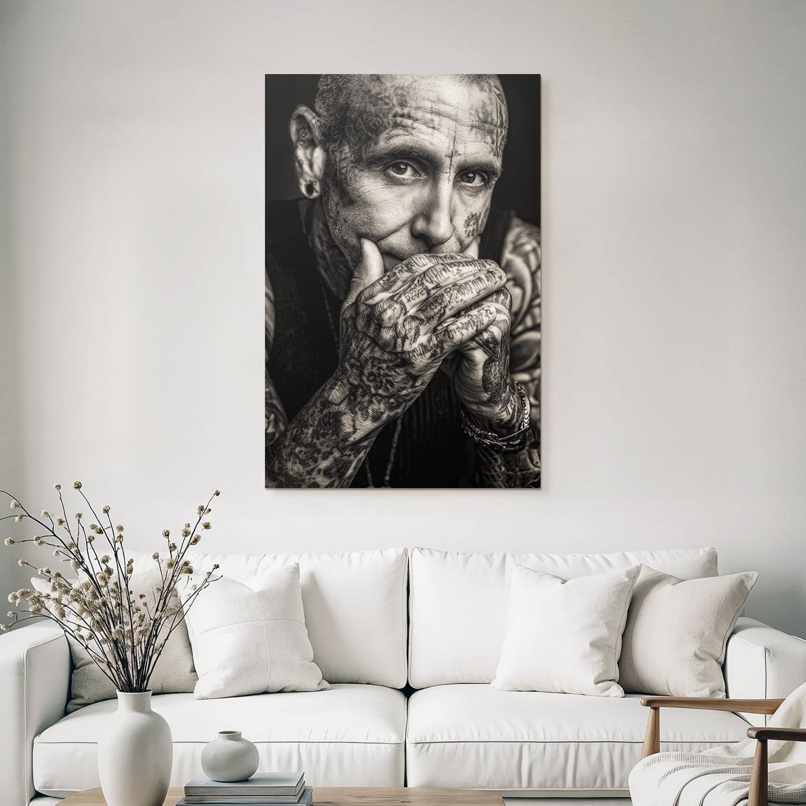 Schwarz Weiss Portrait Mit Tattoos Nachdenklicher Ausdruck