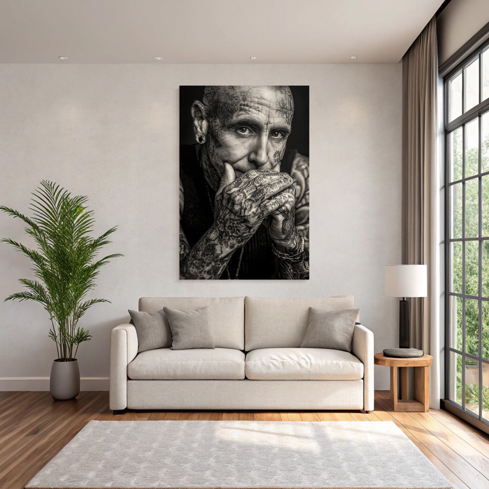 Schwarz Weiss Portrait Mit Tattoos Nachdenklicher Ausdruck