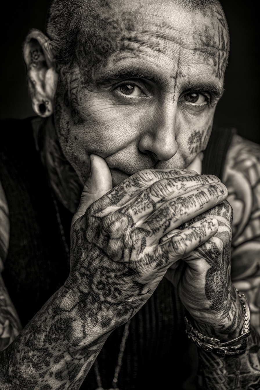 Schwarz Weiss Portrait Mit Tattoos Nachdenklicher Ausdruck | Mode und Stil | Menschen und Emotionen