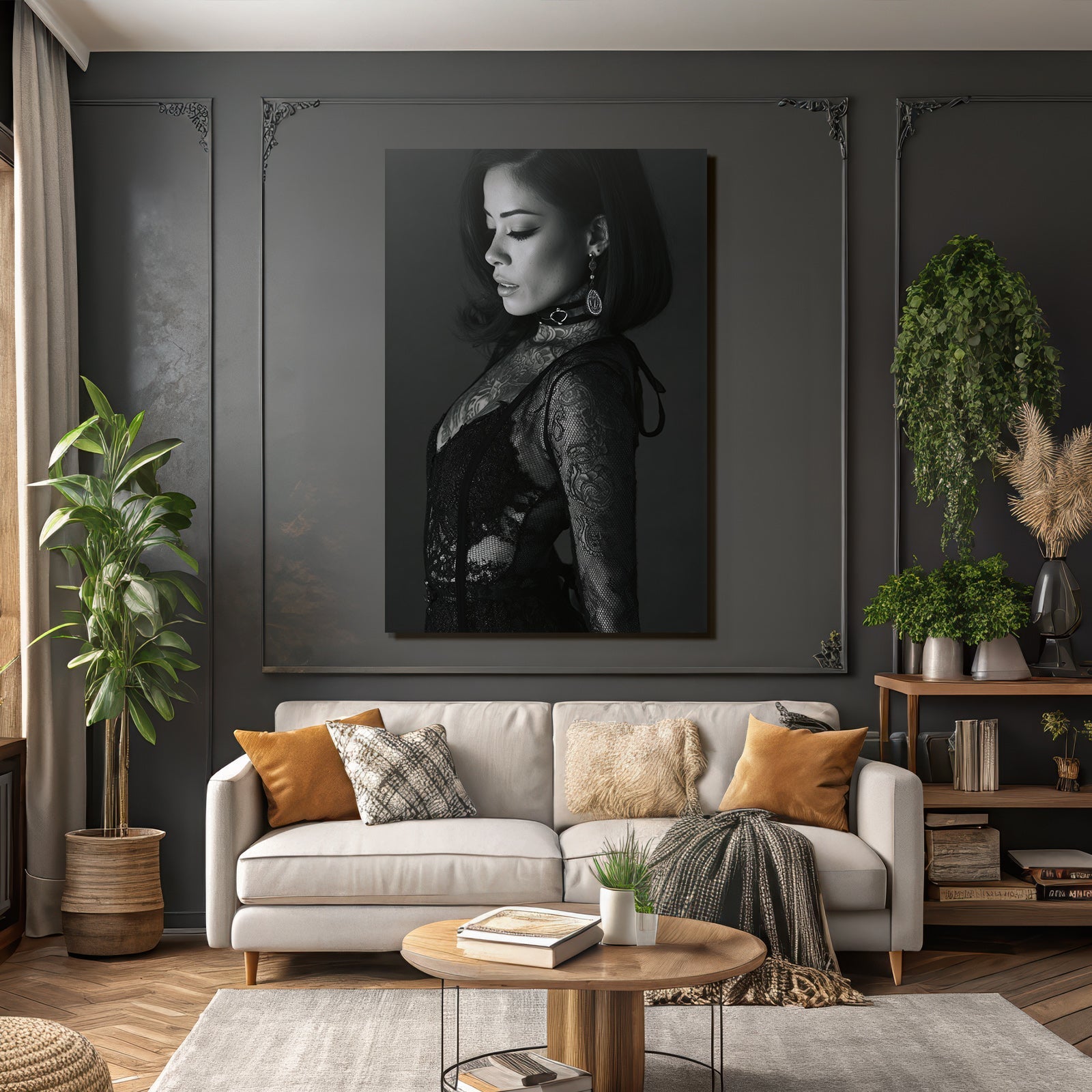 Schwarz Weisse Porträt Von Einer Frau Mit Tätowierungen Und Juwelen