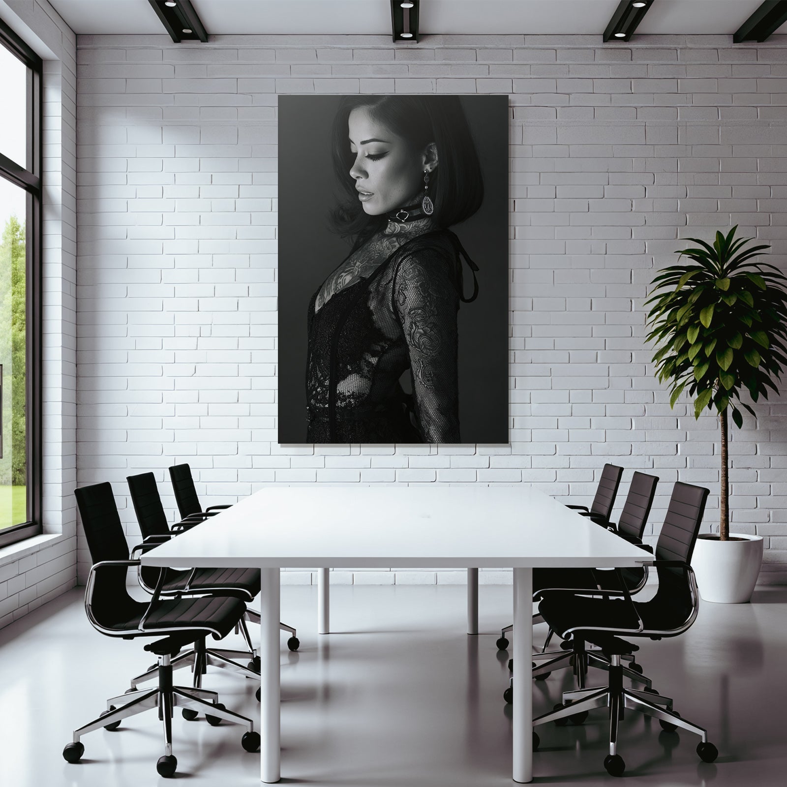 Schwarz Weisse Porträt Von Einer Frau Mit Tätowierungen Und Juwelen