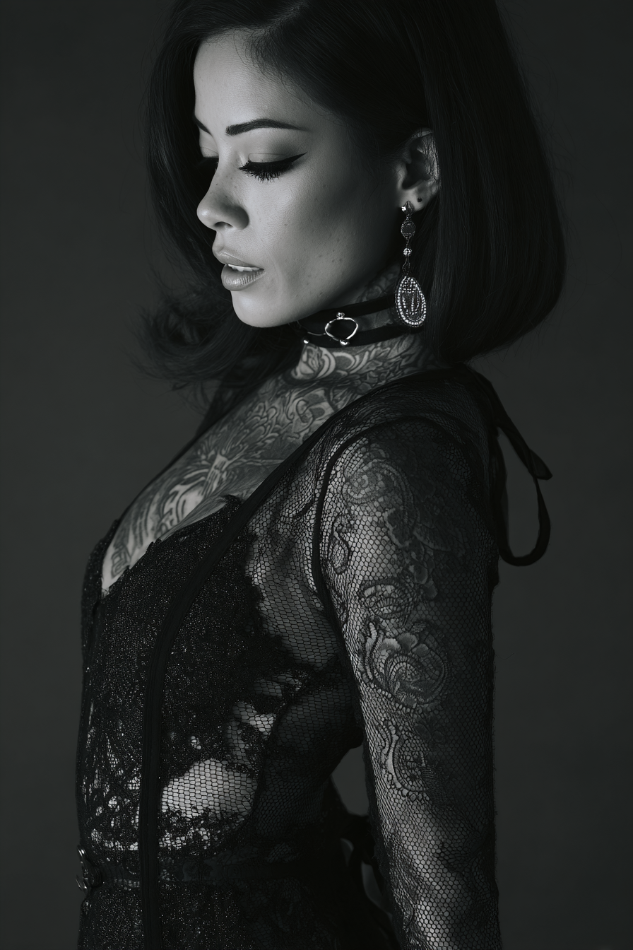 Schwarz Weisse Porträt Von Einer Frau Mit Tätowierungen Und Juwelen | Mode und Stil | Menschen und Emotionen