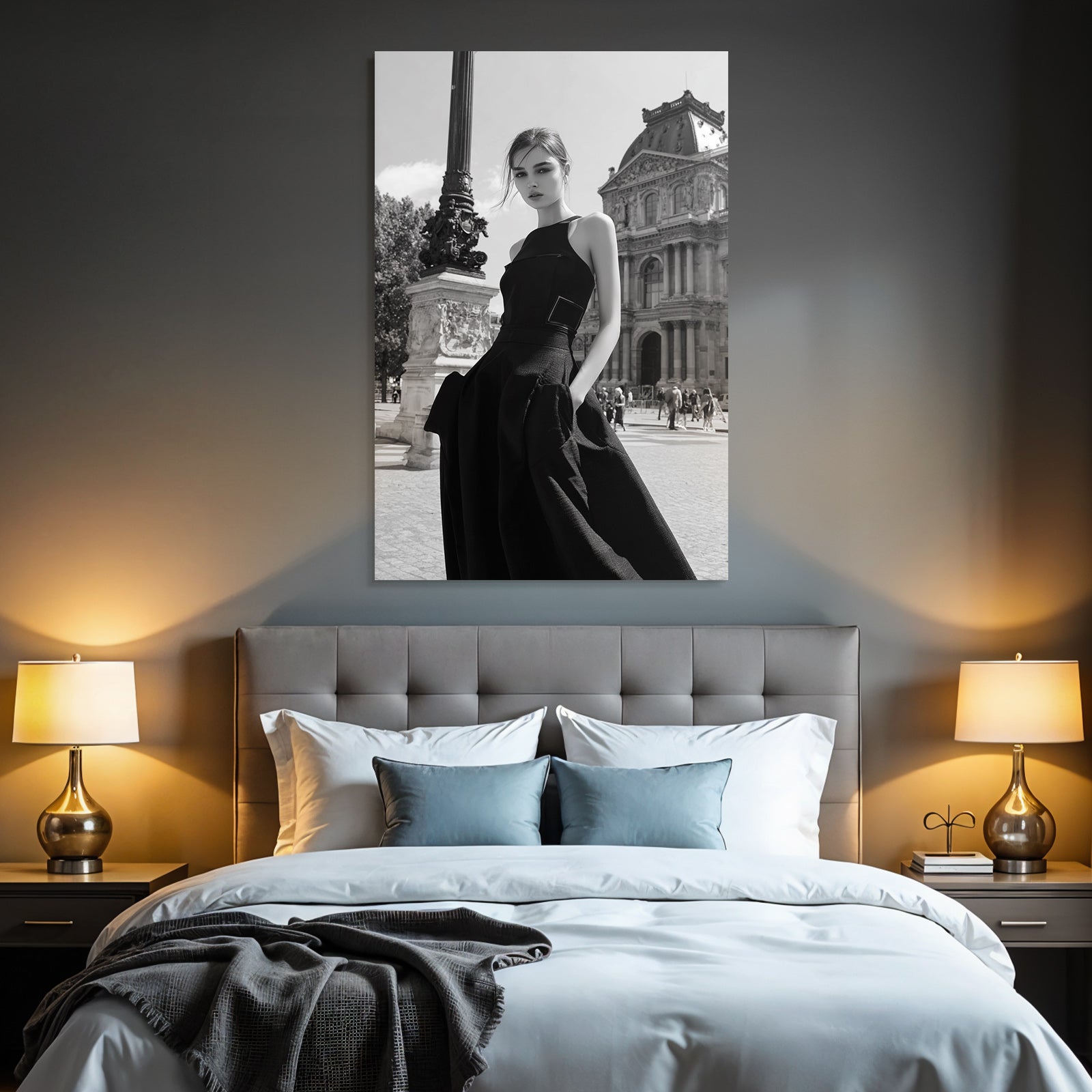 Stylish fashion photography with model against architectural background black and white