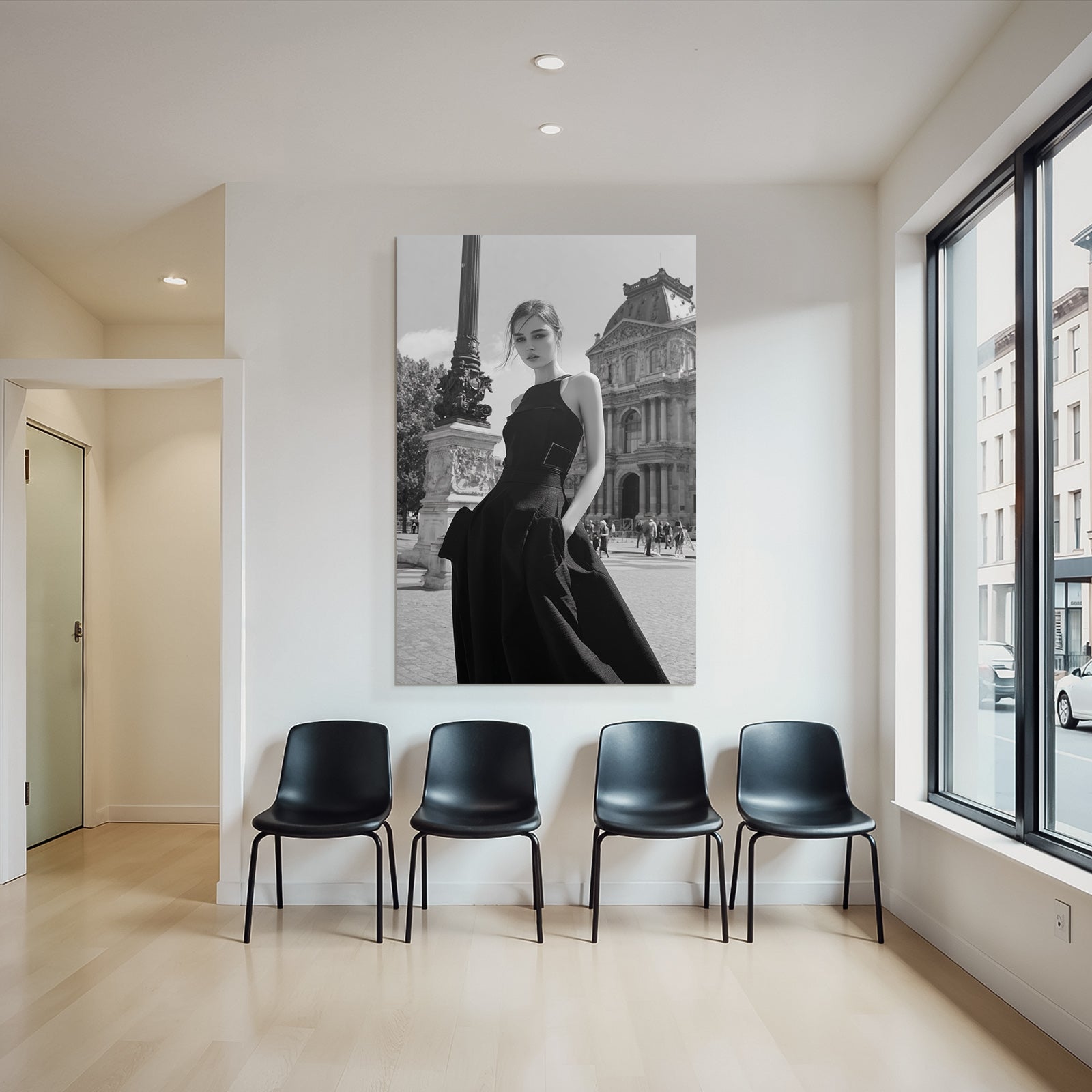 Stylish fashion photography with model against architectural background black and white