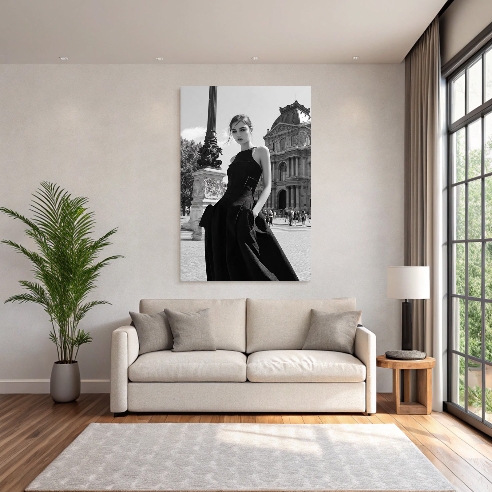 Stylish fashion photography with model against architectural background black and white
