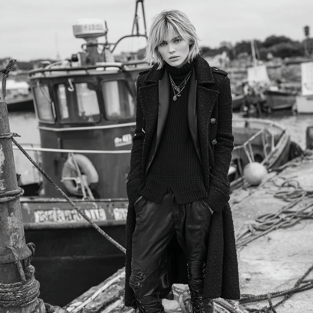 Schwarz Weiss Fotografie Person Mit Boot Im Hafen Mit Stilvollem Outfit | Mode und Stil | Menschen und Emotionen