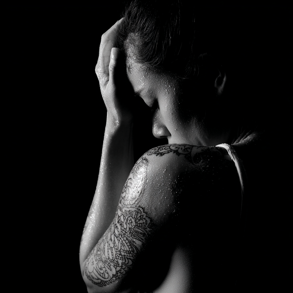 Schwarz Weiss Fotografie Von Tätowierten Rücken Mit Wassertropfen | Mode und Stil | Menschen und Emotionen