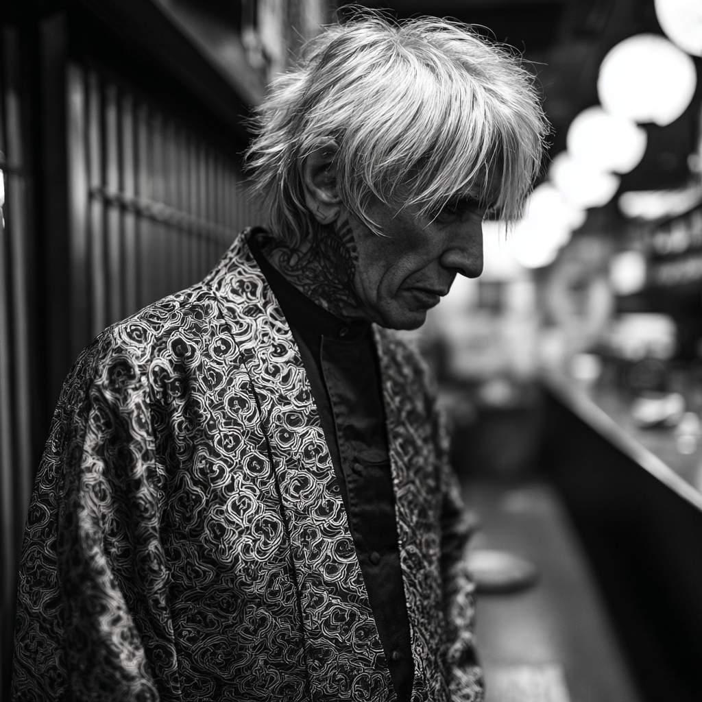 Schwarz Weiss Porträt Person Mit Frisur Tattoos Ornamentales Gewand Innenraum | Mode und Stil | Menschen und Emotionen