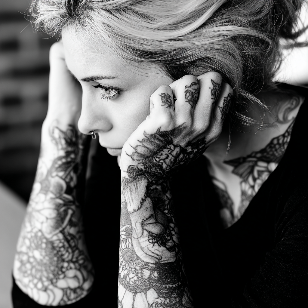 Schwarz Weisse Fotografie Von Person Mit Tattoos Nachdenklichkeits Moment | Mode und Stil | Menschen und Emotionen