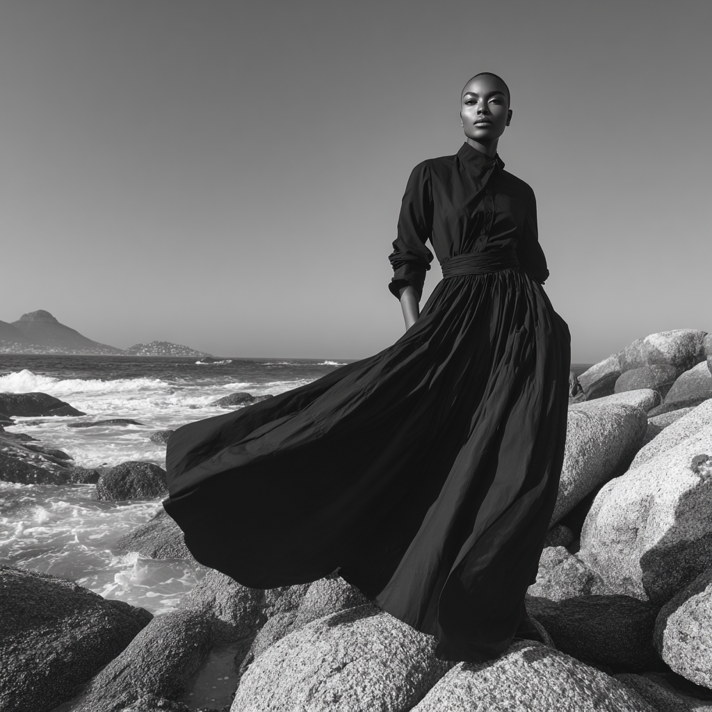 Schwarzweiss Fotografie Person Im Mantel Auf Felsen Am Meer | Mode und Stil | Menschen und Emotionen