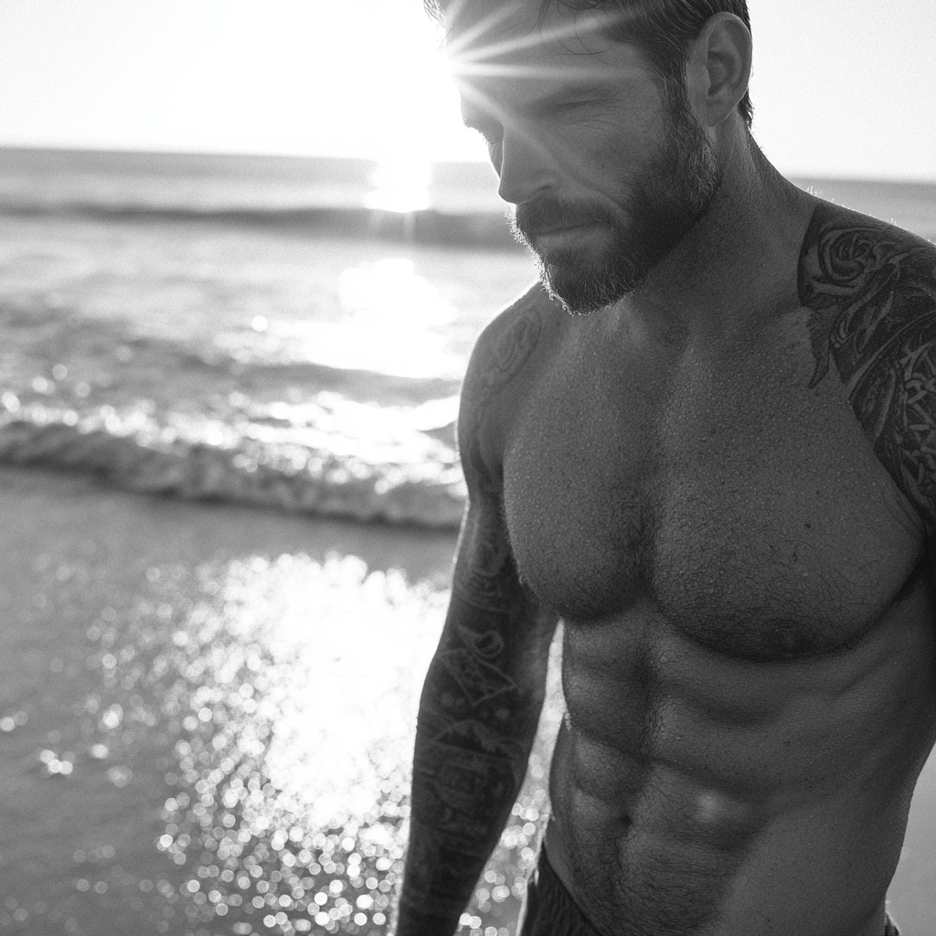 Shirtloser Mann Mit Tattoos Am Meer Schwarz Und Weiss Kontemplativ | Mode und Stil | Menschen und Emotionen