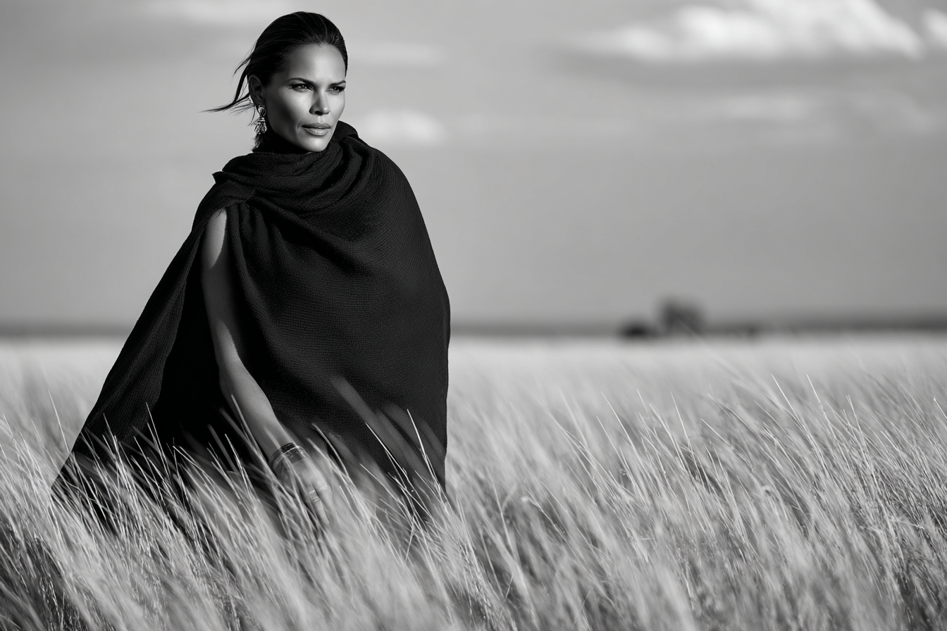 Schwarz Weiss Fotografie Person Im Feld Mit Black Garment Und Hohen Grasern | Mode und Stil | Menschen und Emotionen