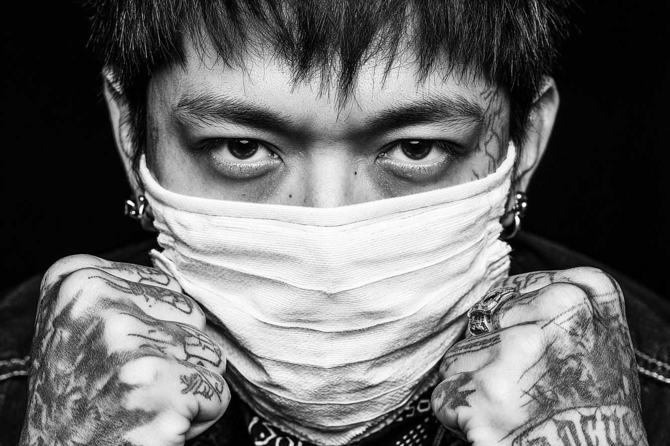Schwarz Weiss Porträt Mit Maskierten Person Tätowierungen Starke Ausdruck | Mode und Stil | Menschen und Emotionen