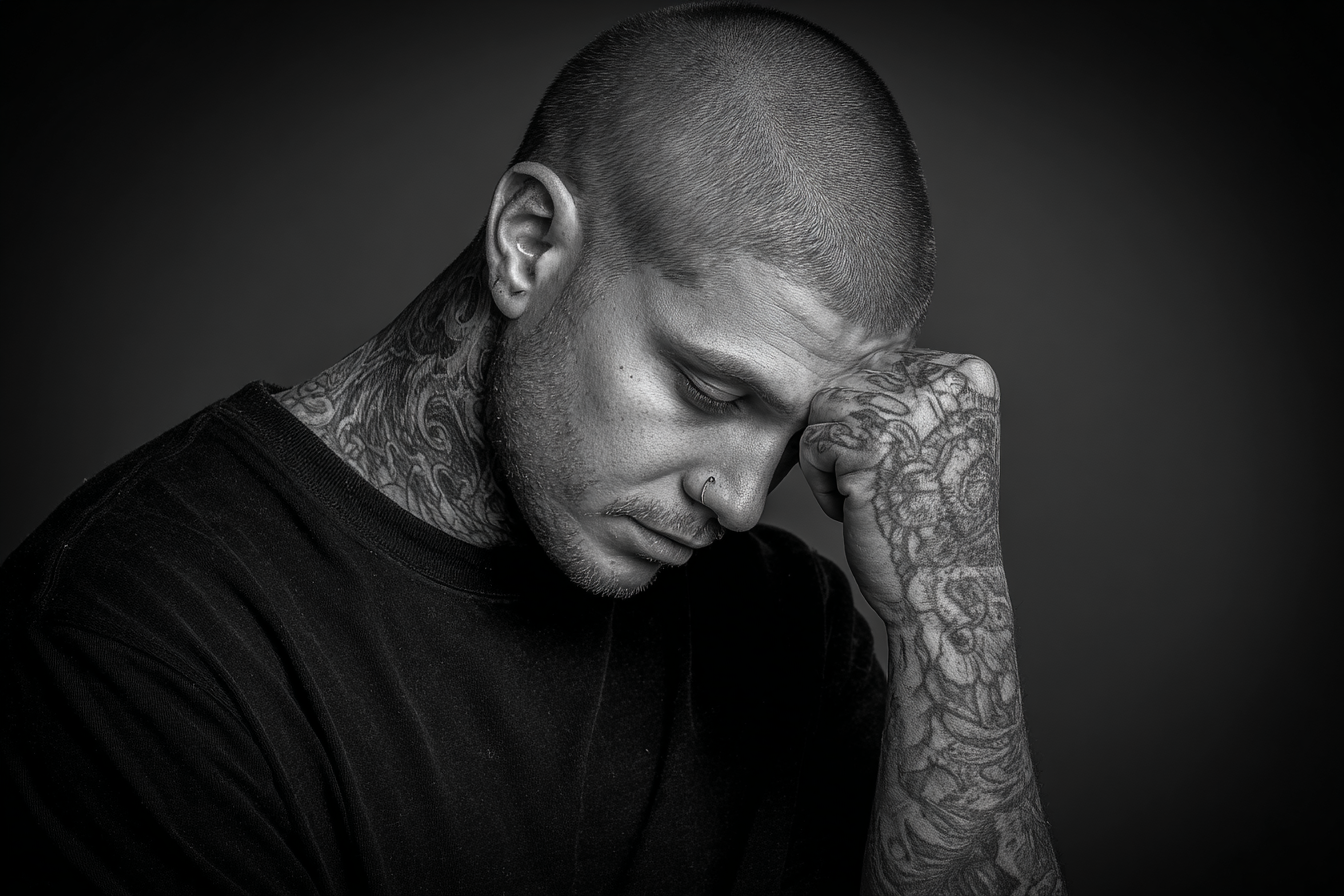 Schwarze Weiss Portrait Ein Mann Mit Tattoos Kontemplativ | Mode und Stil | Menschen und Emotionen
