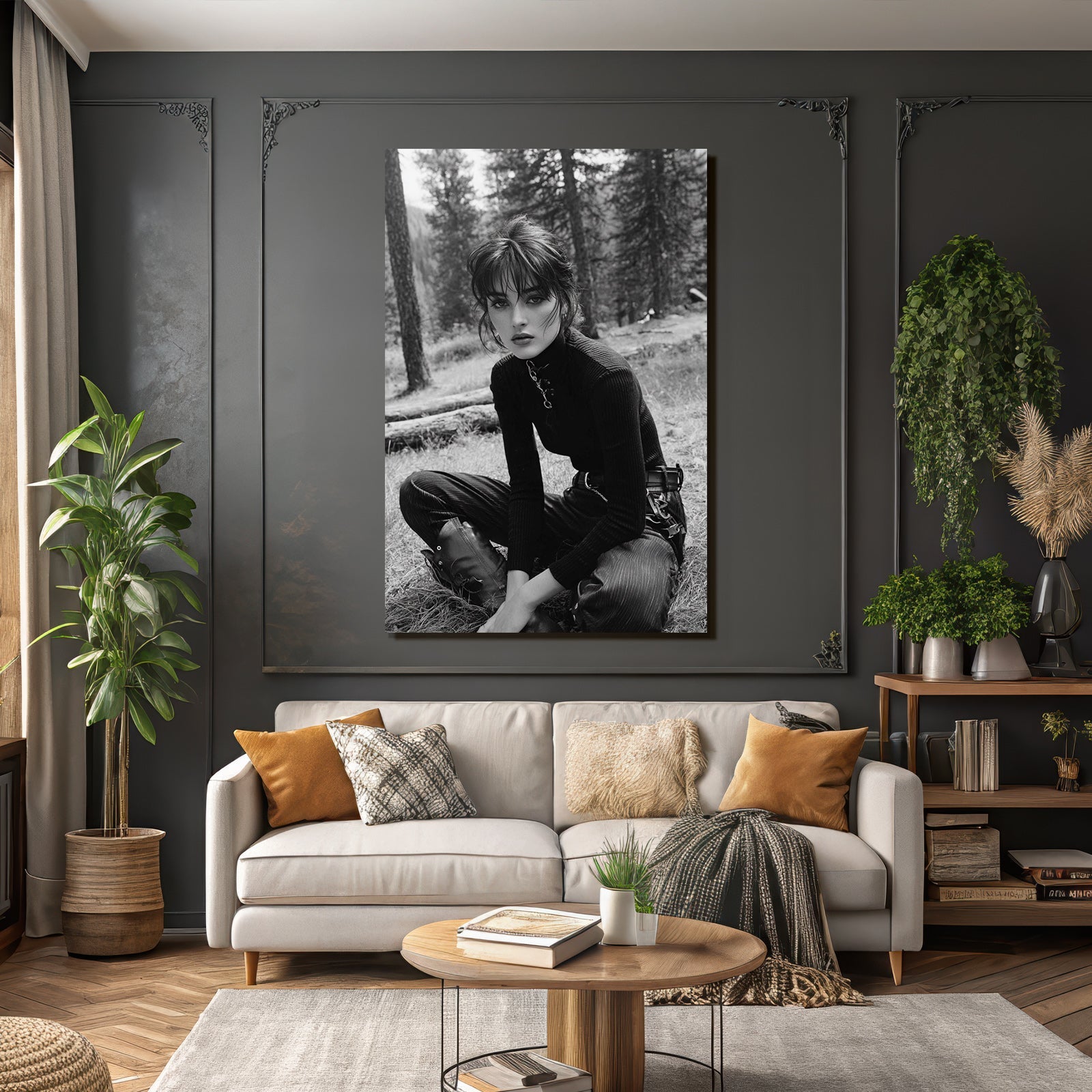 Schwarz Weiss Porträt Modell Natürliche Umgebung Ernster Ausdruck