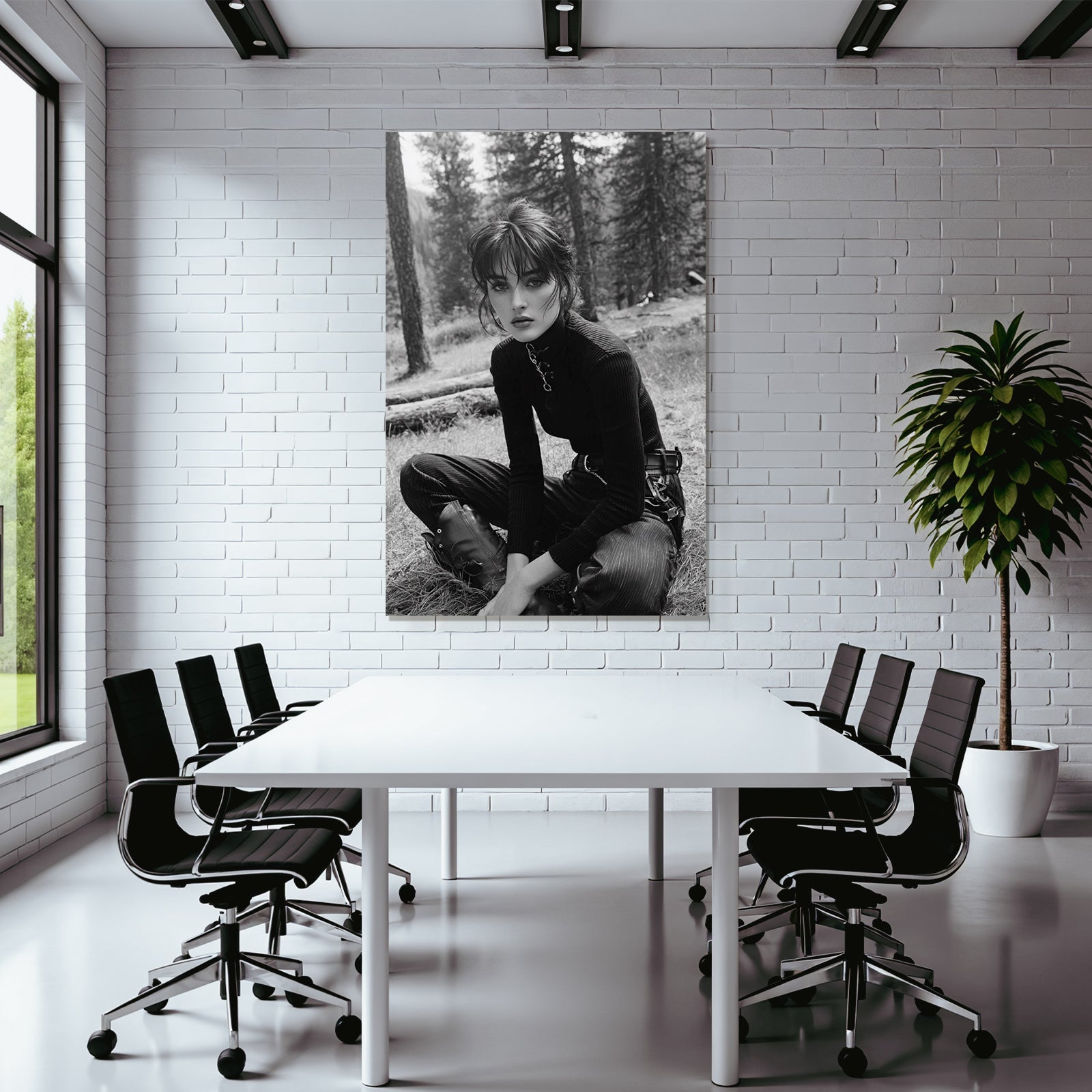 Schwarz Weiss Porträt Modell Natürliche Umgebung Ernster Ausdruck