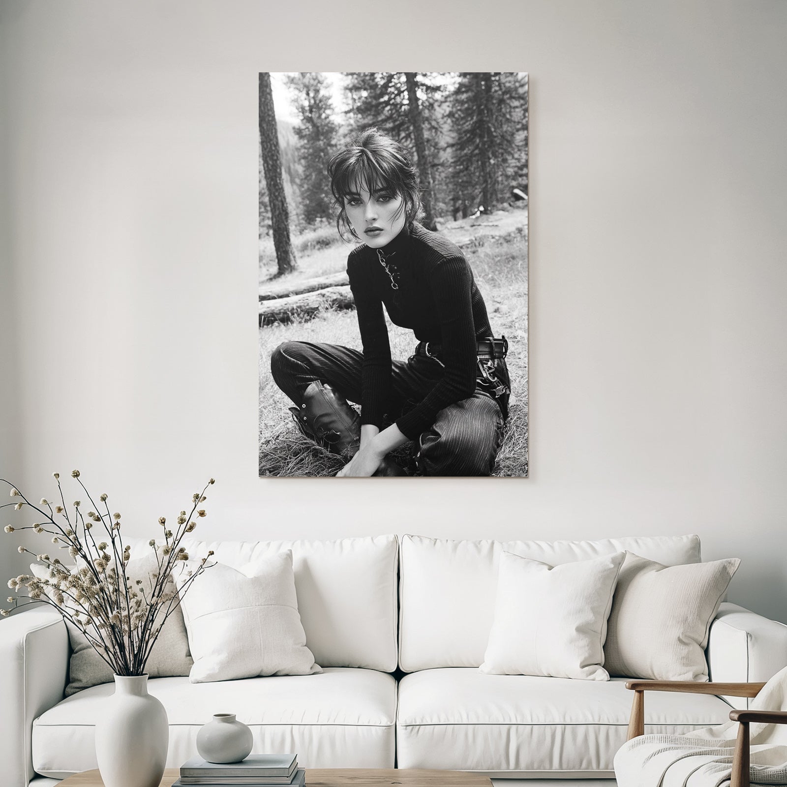 Schwarz Weiss Porträt Modell Natürliche Umgebung Ernster Ausdruck