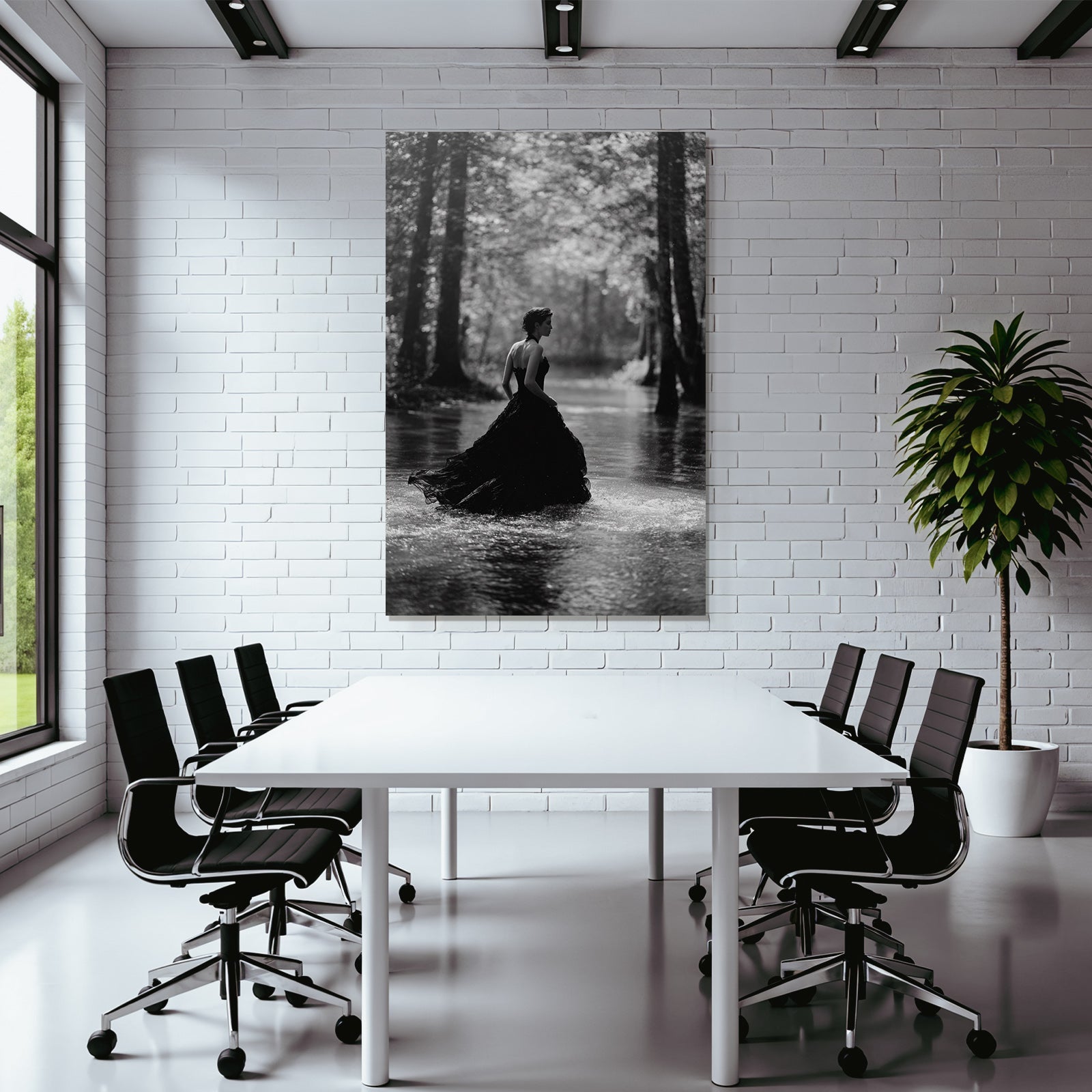 Silhoütte Einer Frau Im Langen Schwarzen Kleid Über Schattiges Wasser