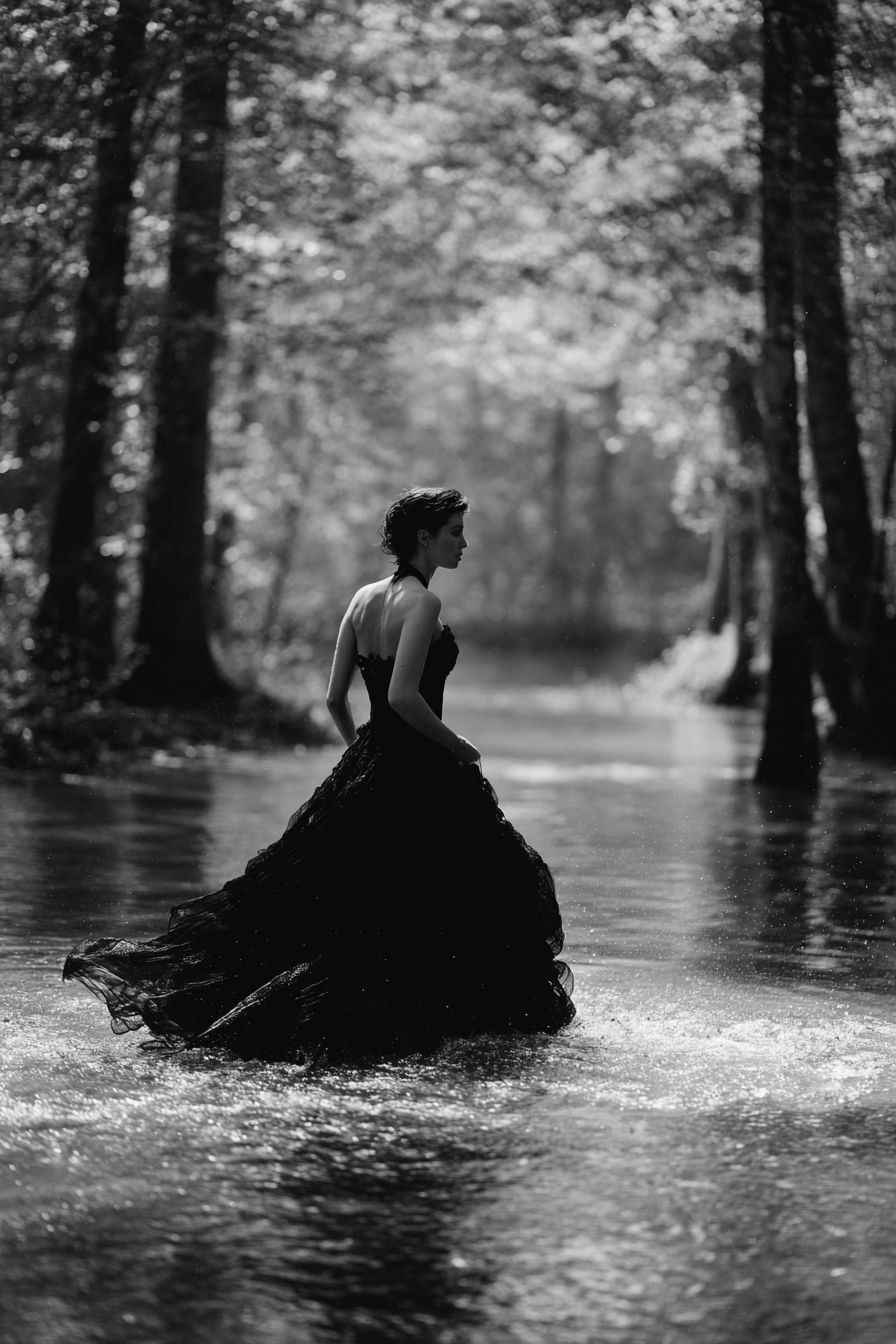 Silhoütte Einer Frau Im Langen Schwarzen Kleid Über Schattiges Wasser | Portraets | Menschen und Emotionen