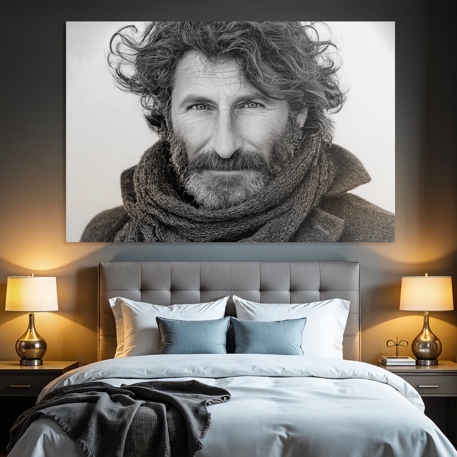 Schwarz Weiss Porträt Eines Mannes Mit Lockigem Haar Und Einem Schal