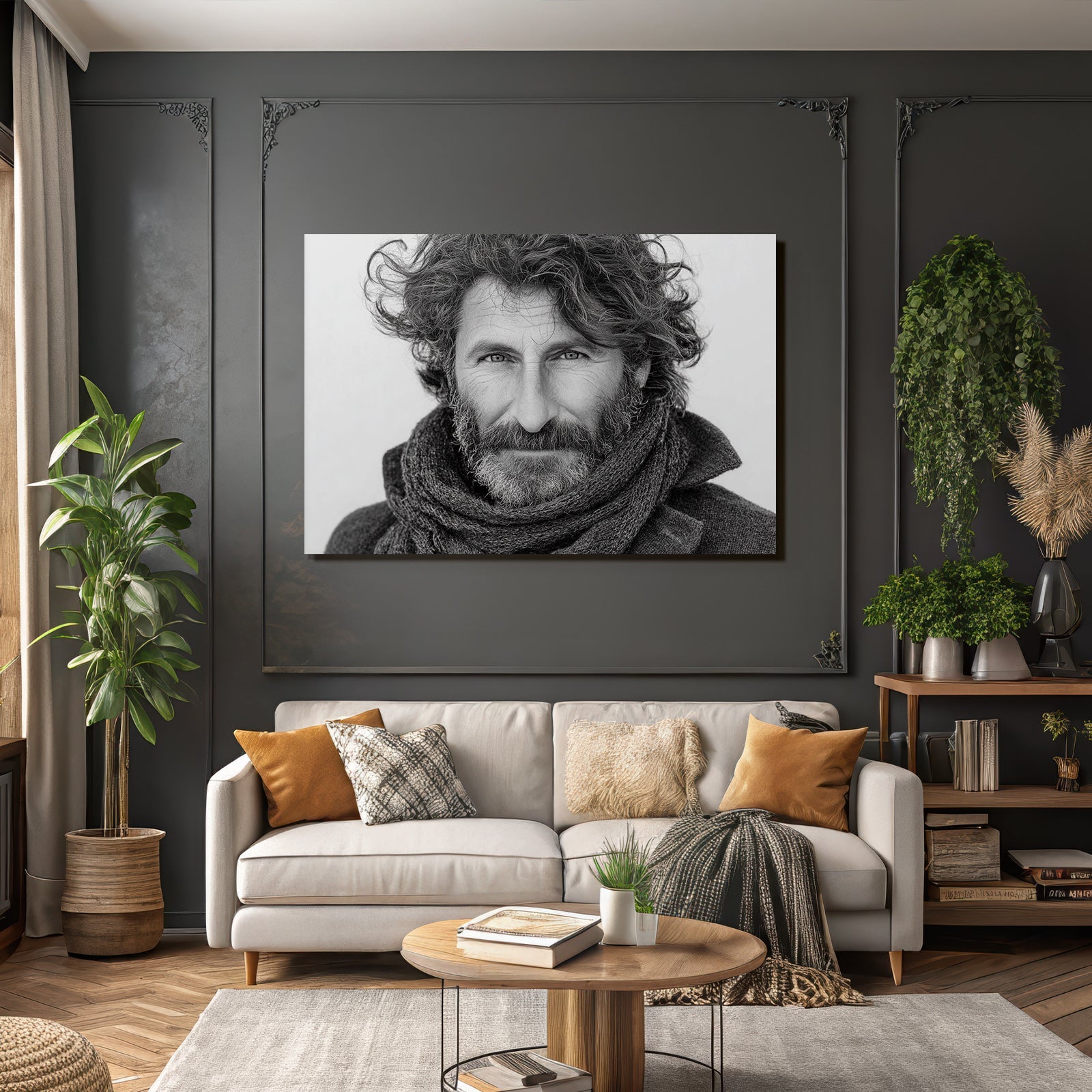 Schwarz Weiss Porträt Eines Mannes Mit Lockigem Haar Und Einem Schal