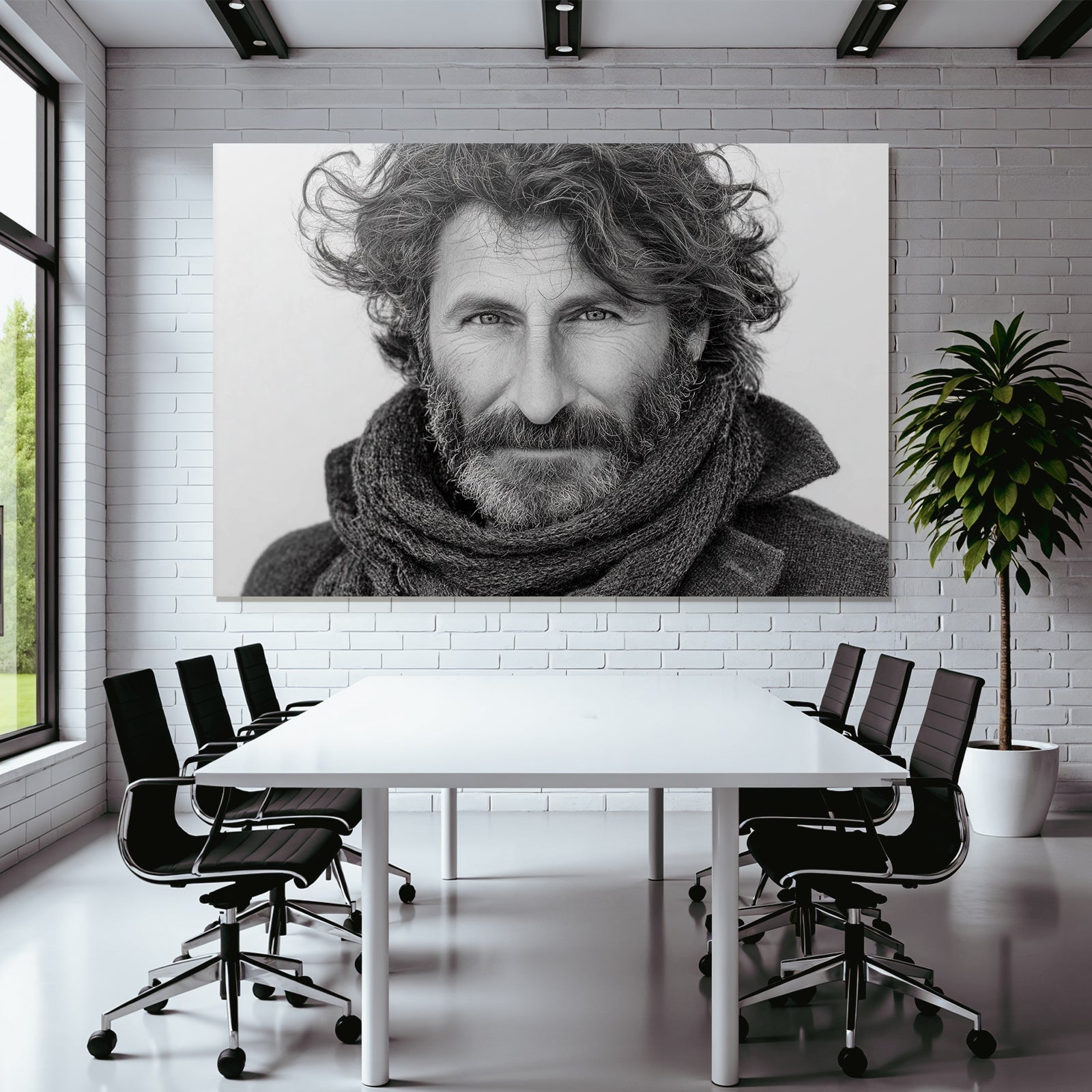 Schwarz Weiss Porträt Eines Mannes Mit Lockigem Haar Und Einem Schal