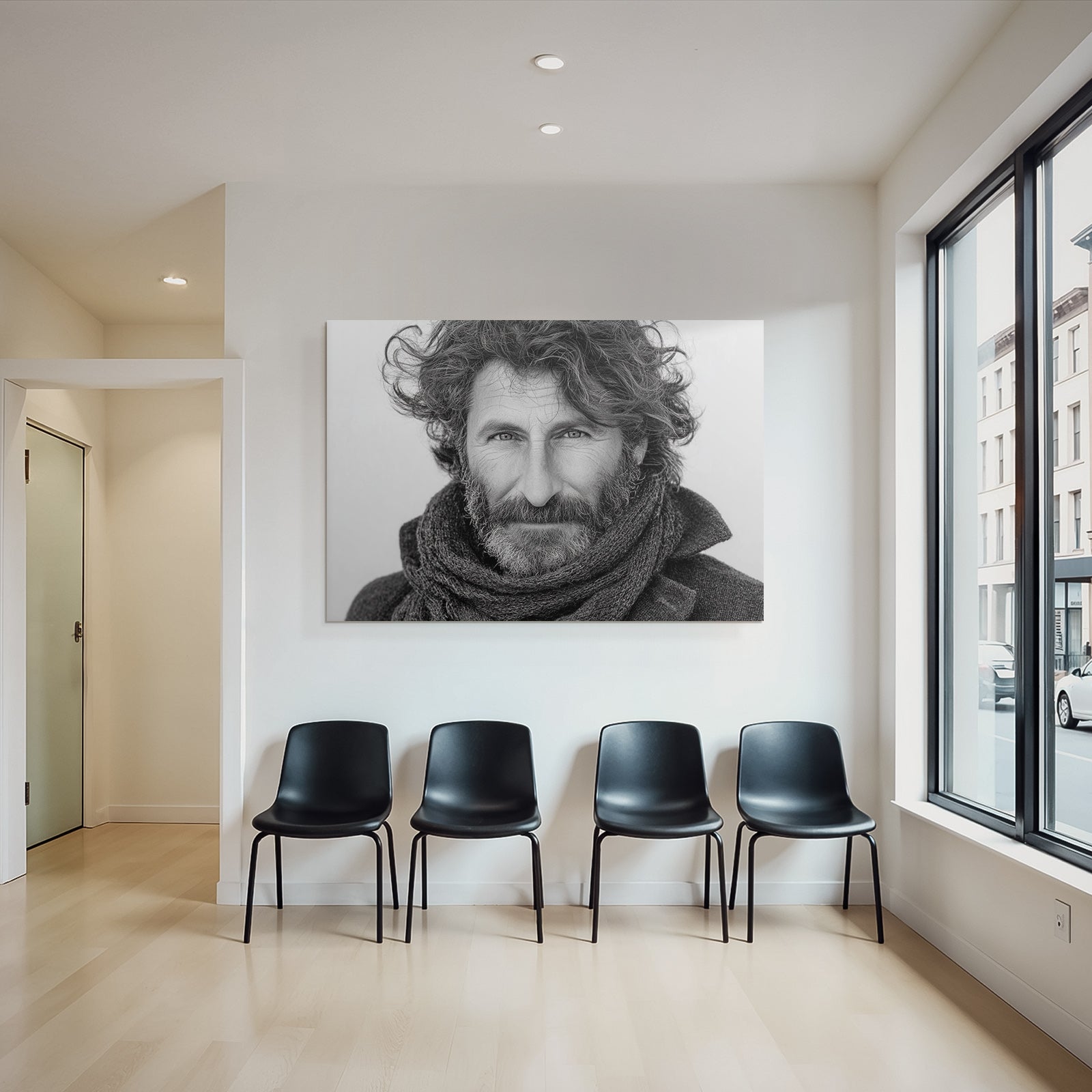 Schwarz Weiss Porträt Eines Mannes Mit Lockigem Haar Und Einem Schal