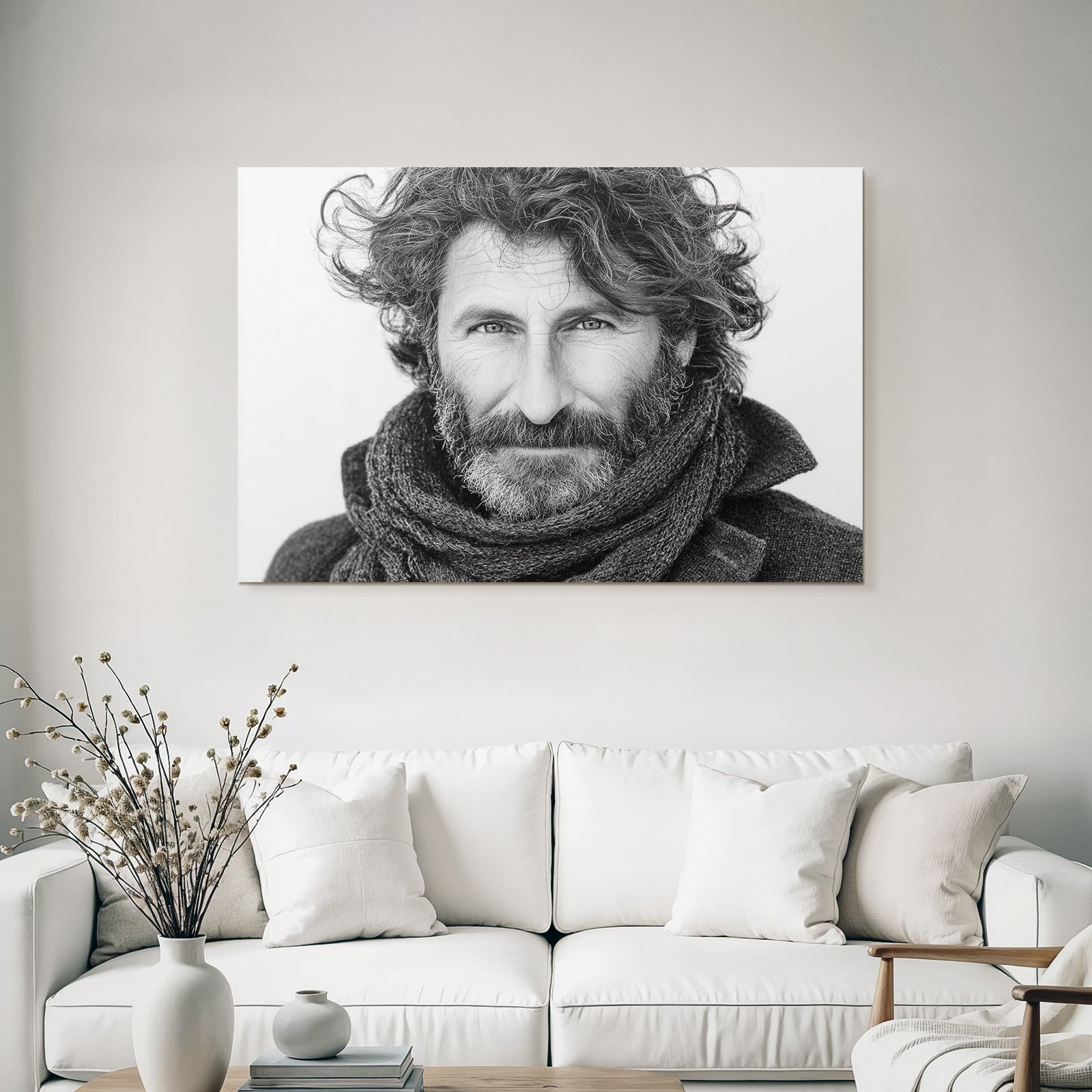 Schwarz Weiss Porträt Eines Mannes Mit Lockigem Haar Und Einem Schal