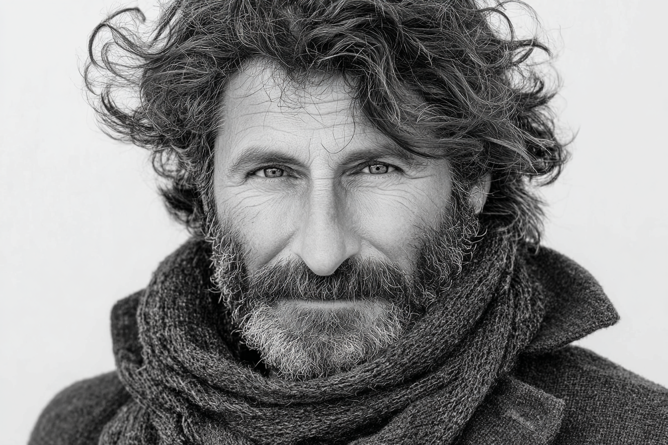 Schwarz Weiss Porträt Eines Mannes Mit Lockigem Haar Und Einem Schal | Portraets | Menschen und Emotionen
