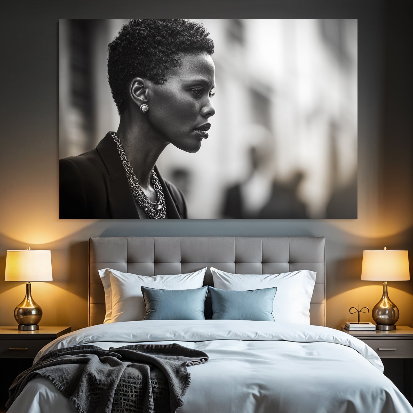 Stylish profile shot of a person with jewels and blazer