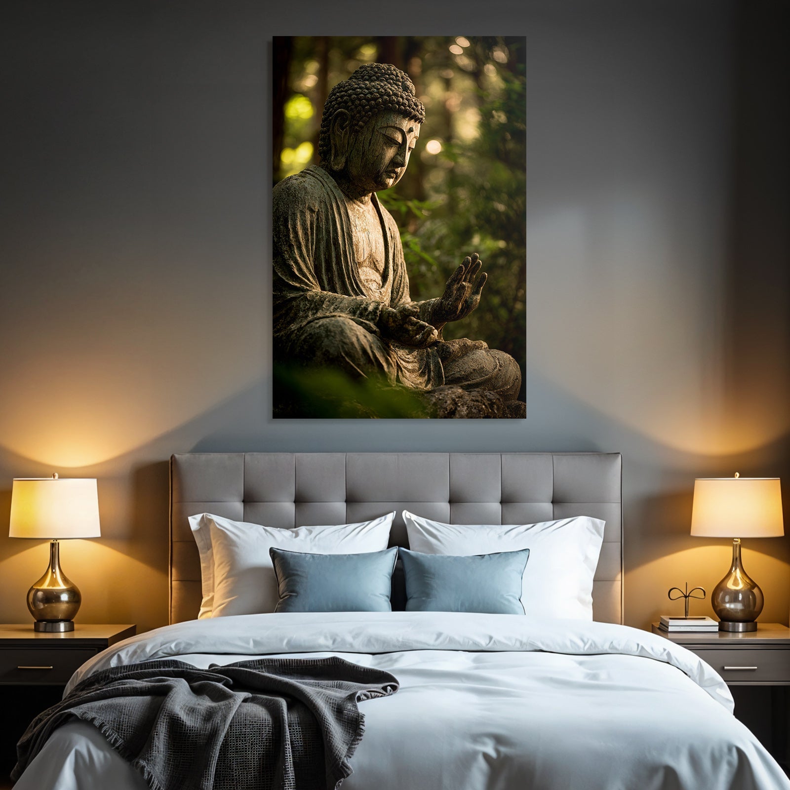 Sitzender Buddha Statü In Ruhevollem Umfeld