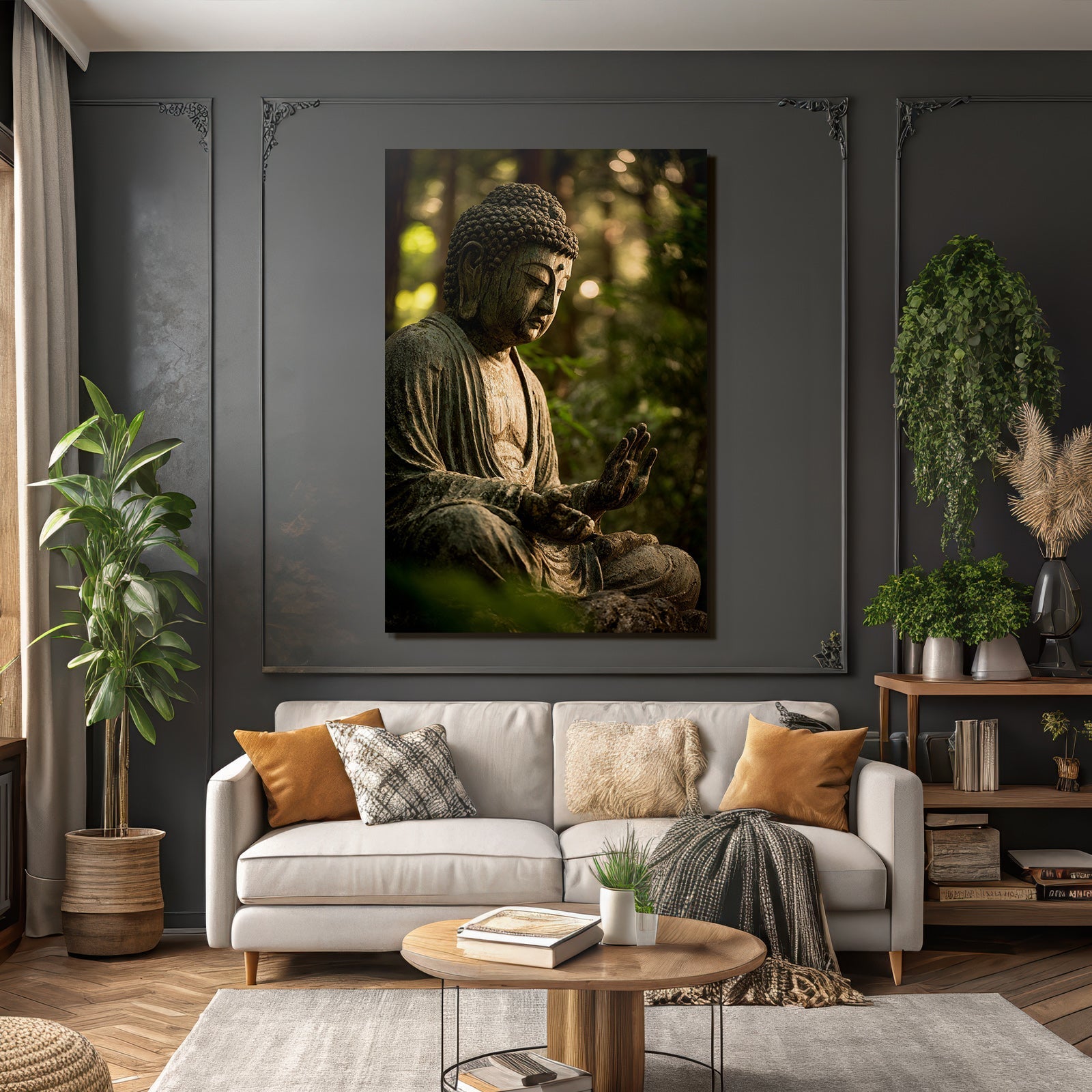 Sitzender Buddha Statü In Ruhevollem Umfeld