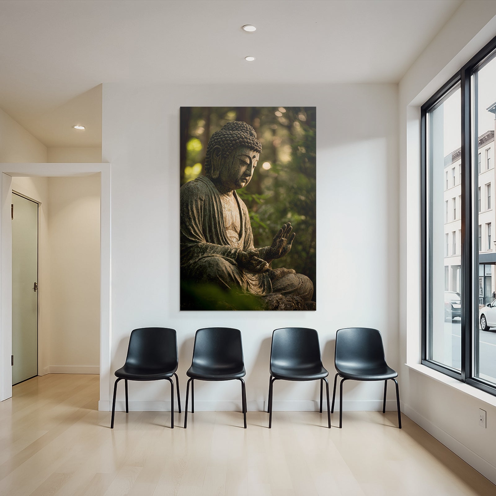 Sitzender Buddha Statü In Ruhevollem Umfeld