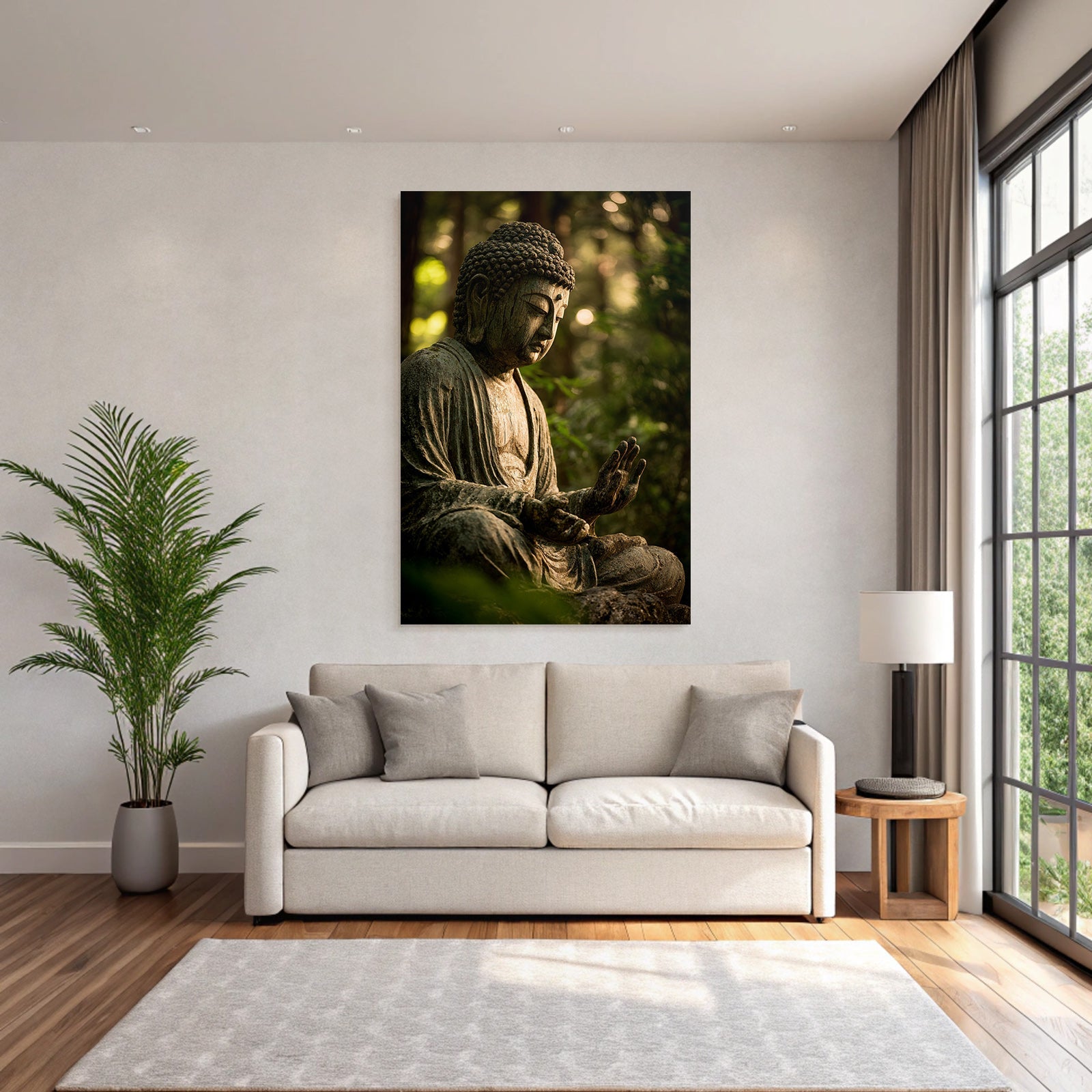 Sitzender Buddha Statü In Ruhevollem Umfeld