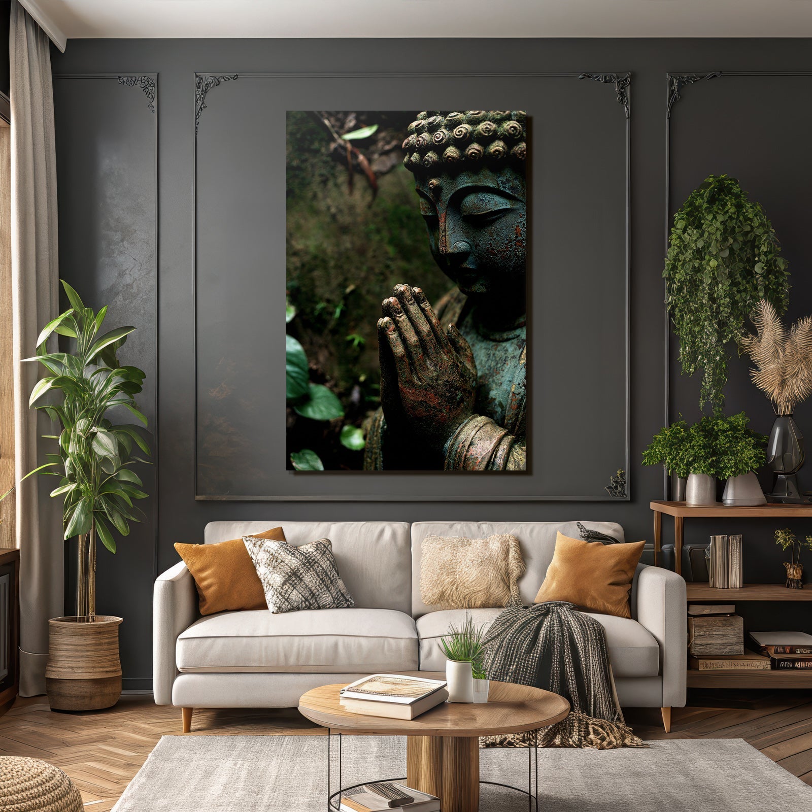 Statue Meditative Pose Armor Green Earth Tones