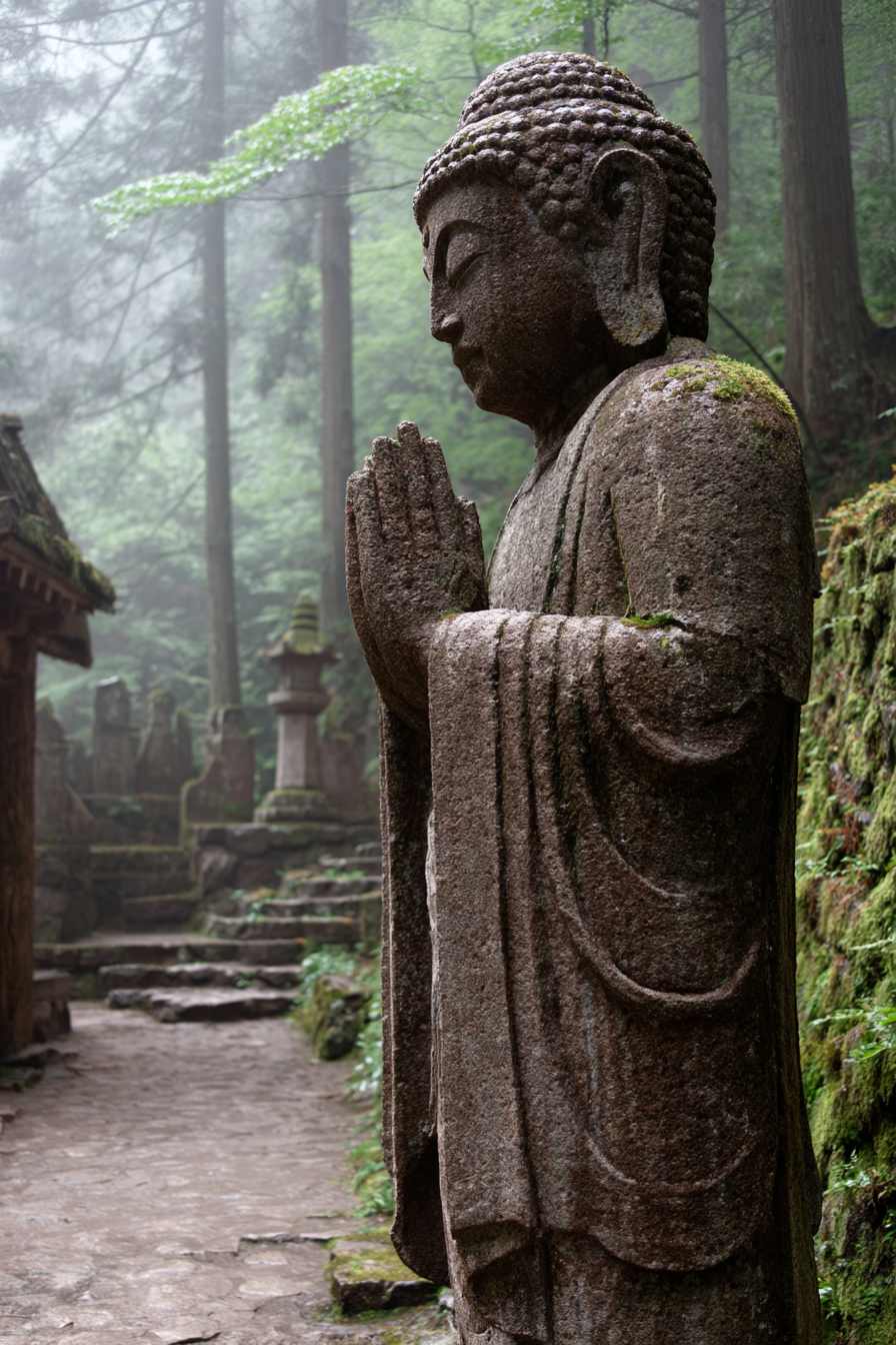 Stein Statü Im Bittenden Haltung Im Nebligen Wald Gebiet | Spirituelle Motive und Buddha | Menschen und Emotionen
