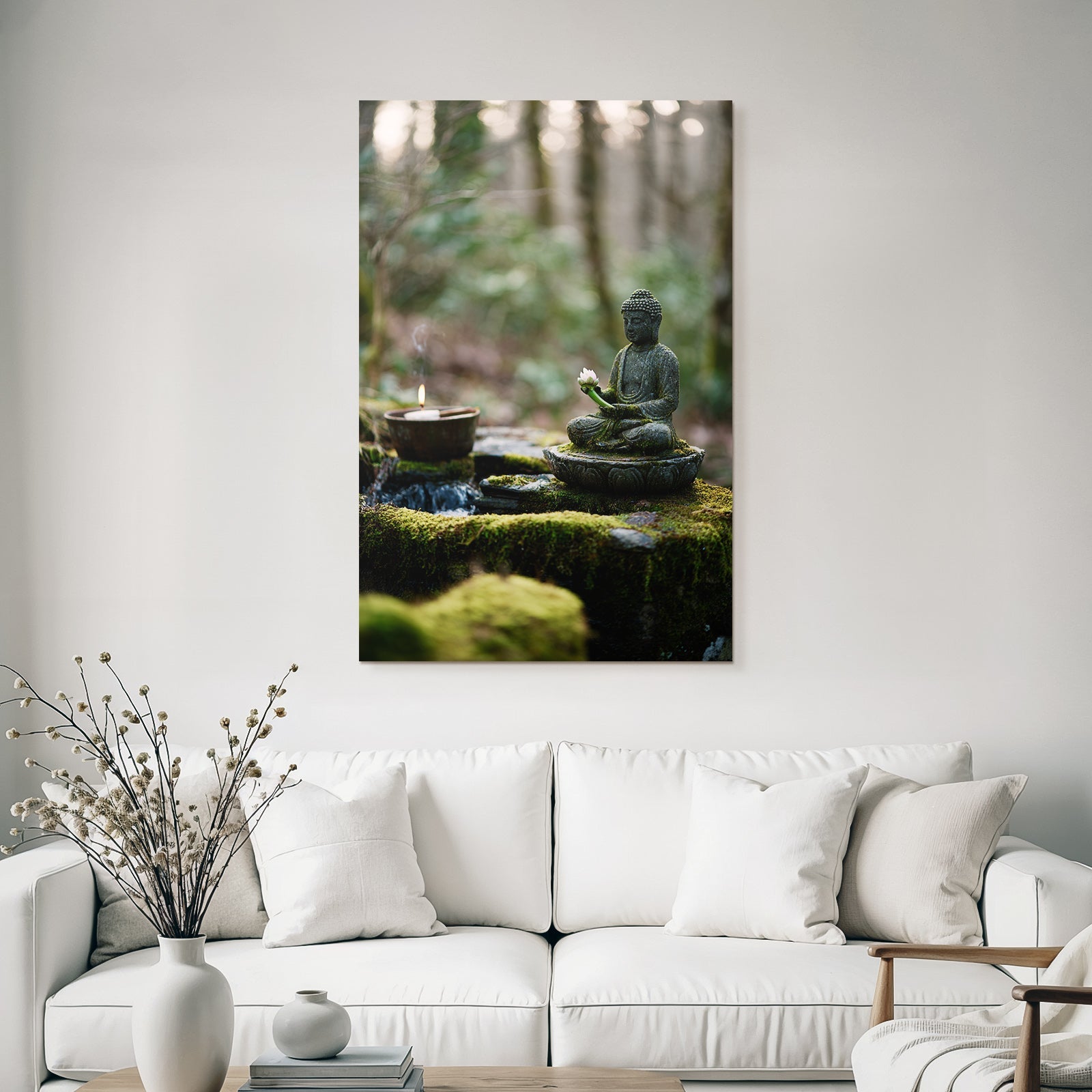Stone Statue Sitting Figures Meditation Flower Candlelight Surface Moss